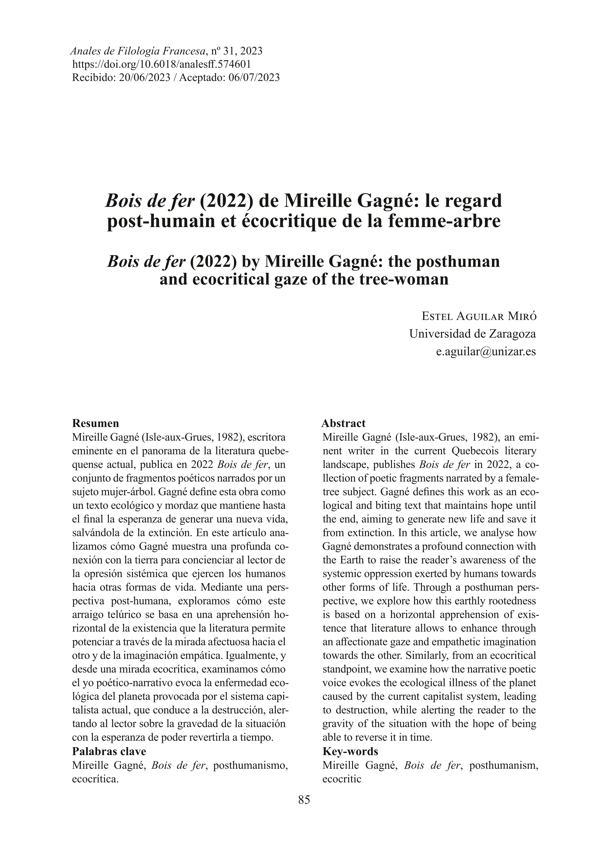 Bois de fer (2022) de Mireille Gagné: le regard post-humain et écocritique de la femme-arbre