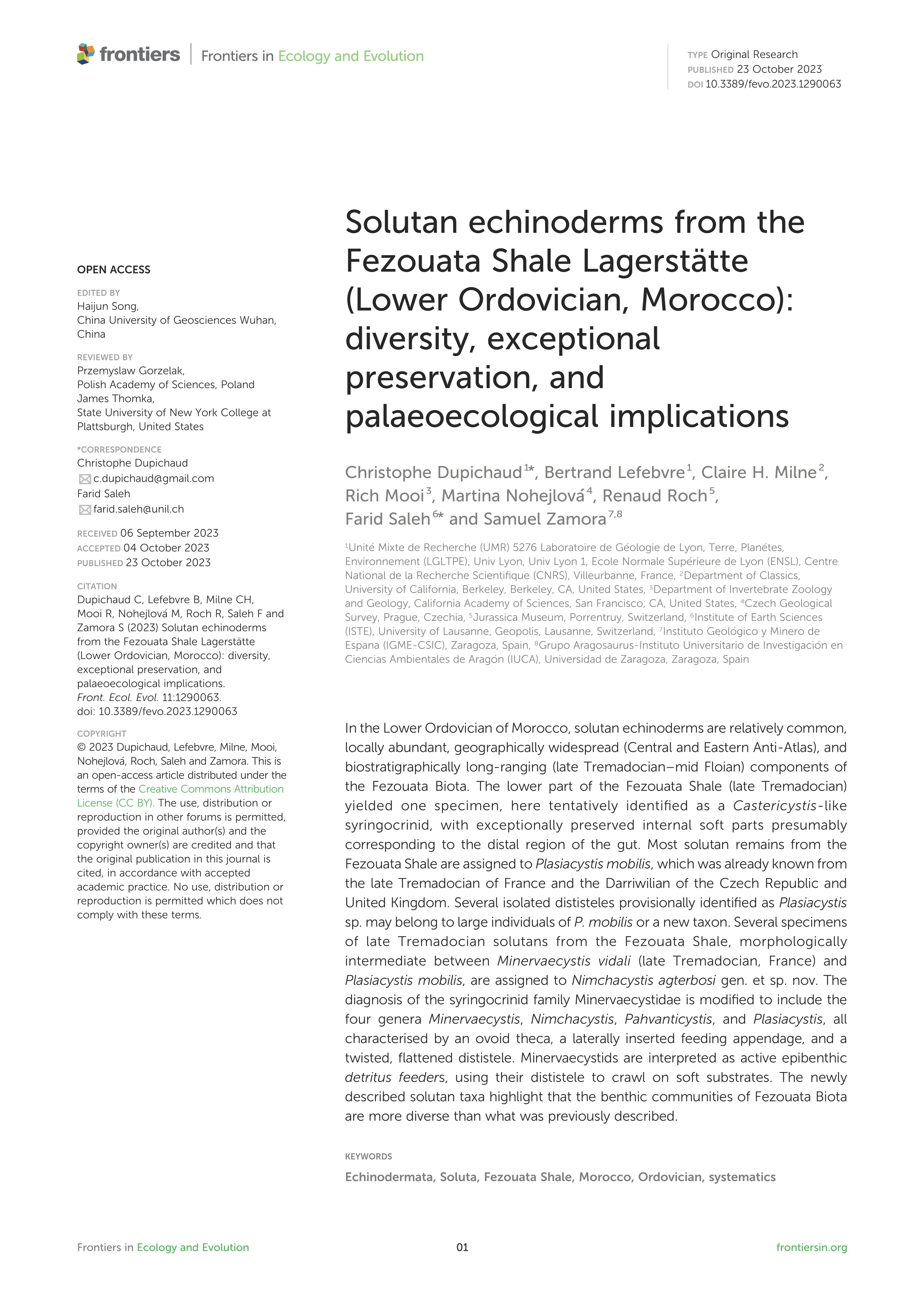 Solutan echinoderms from the Fezouata Shale Lagerstätte (Lower Ordovician, Morocco): diversity, exceptional preservation, and palaeoecological implications