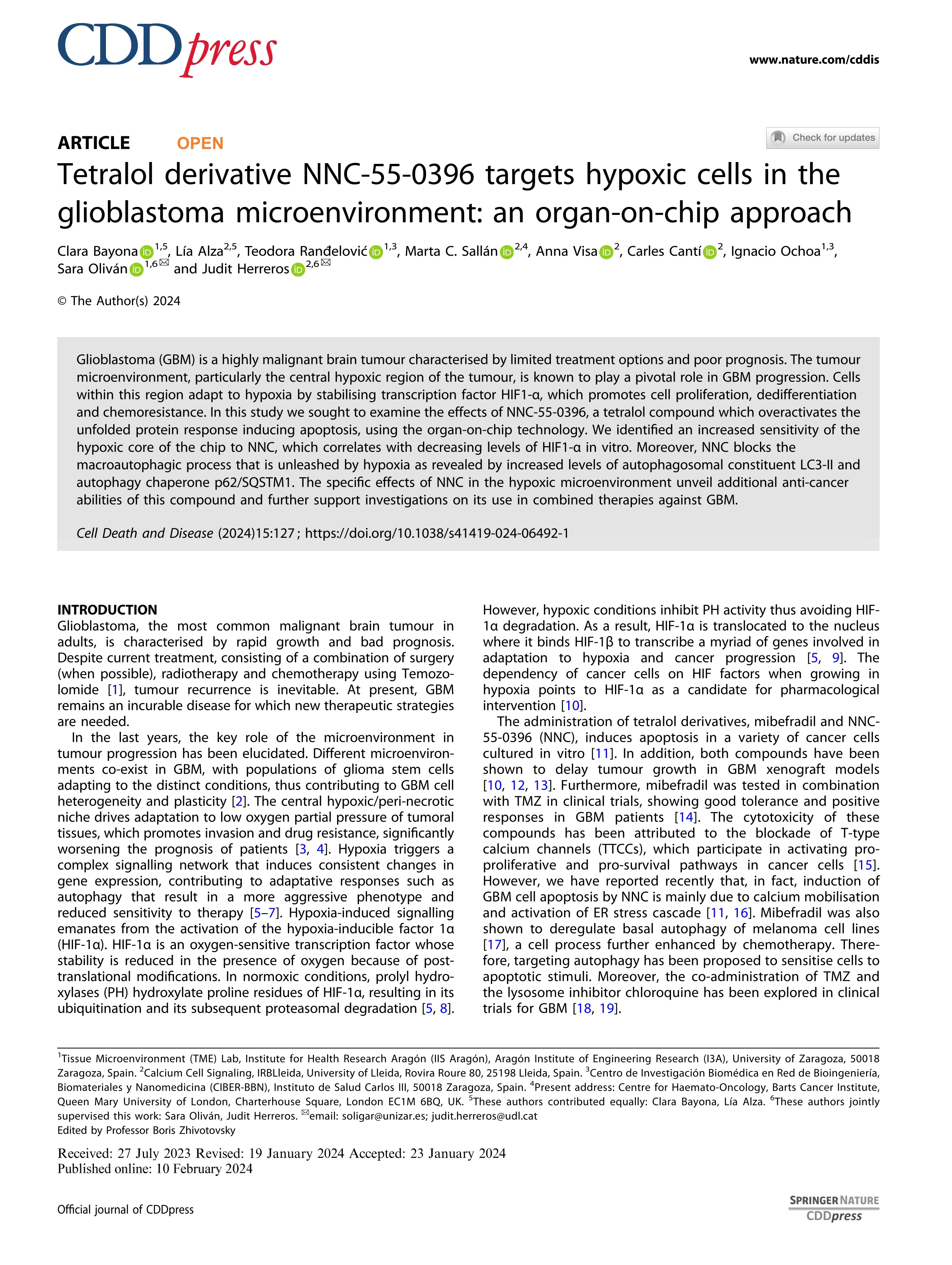 Tetralol derivative NNC-55-0396 targets hypoxic cells in the glioblastoma microenvironment: an organ-on-chip approach