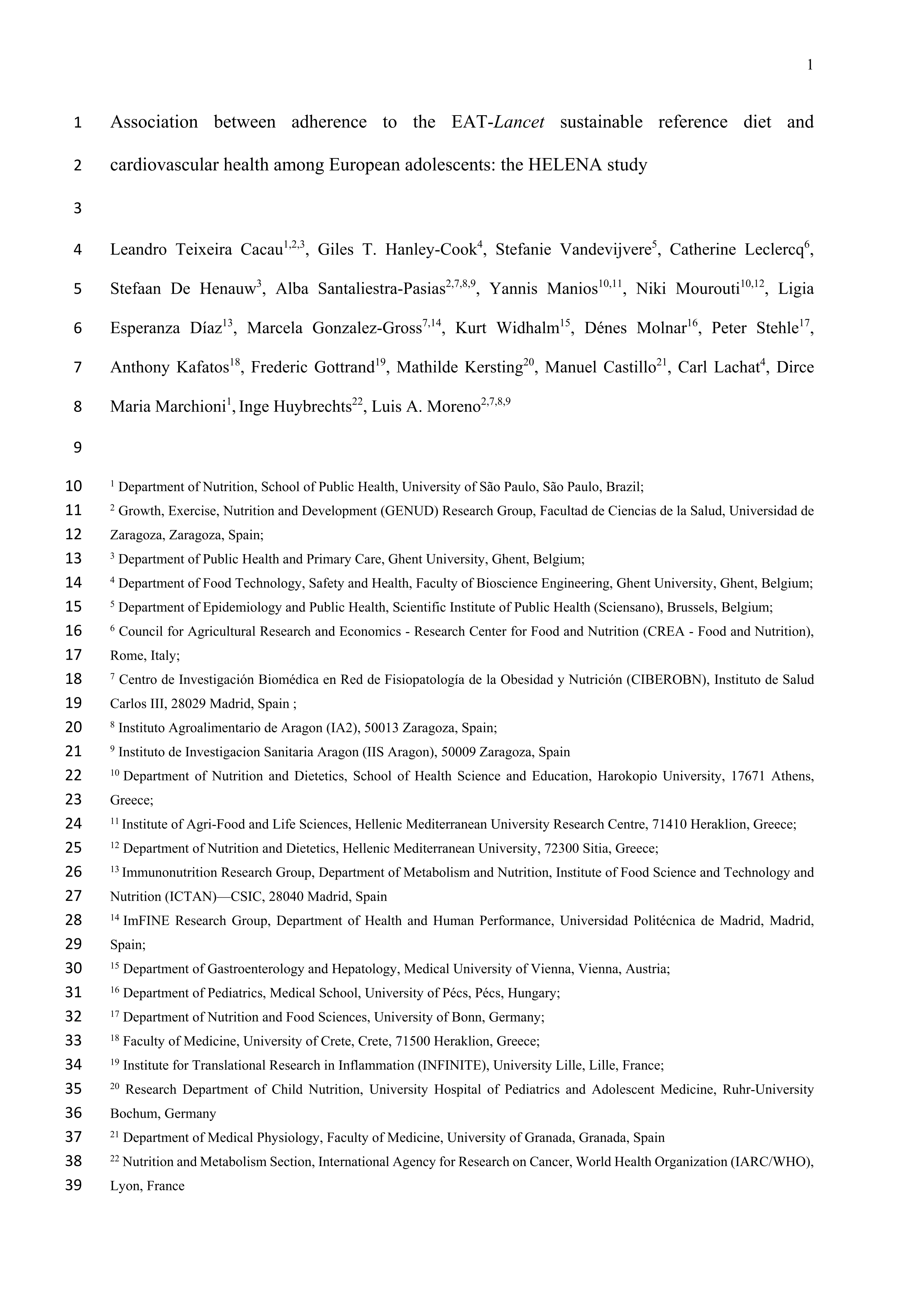 Association between adherence to the EAT-Lancet sustainable reference diet and cardiovascular health among European adolescents: the HELENA study