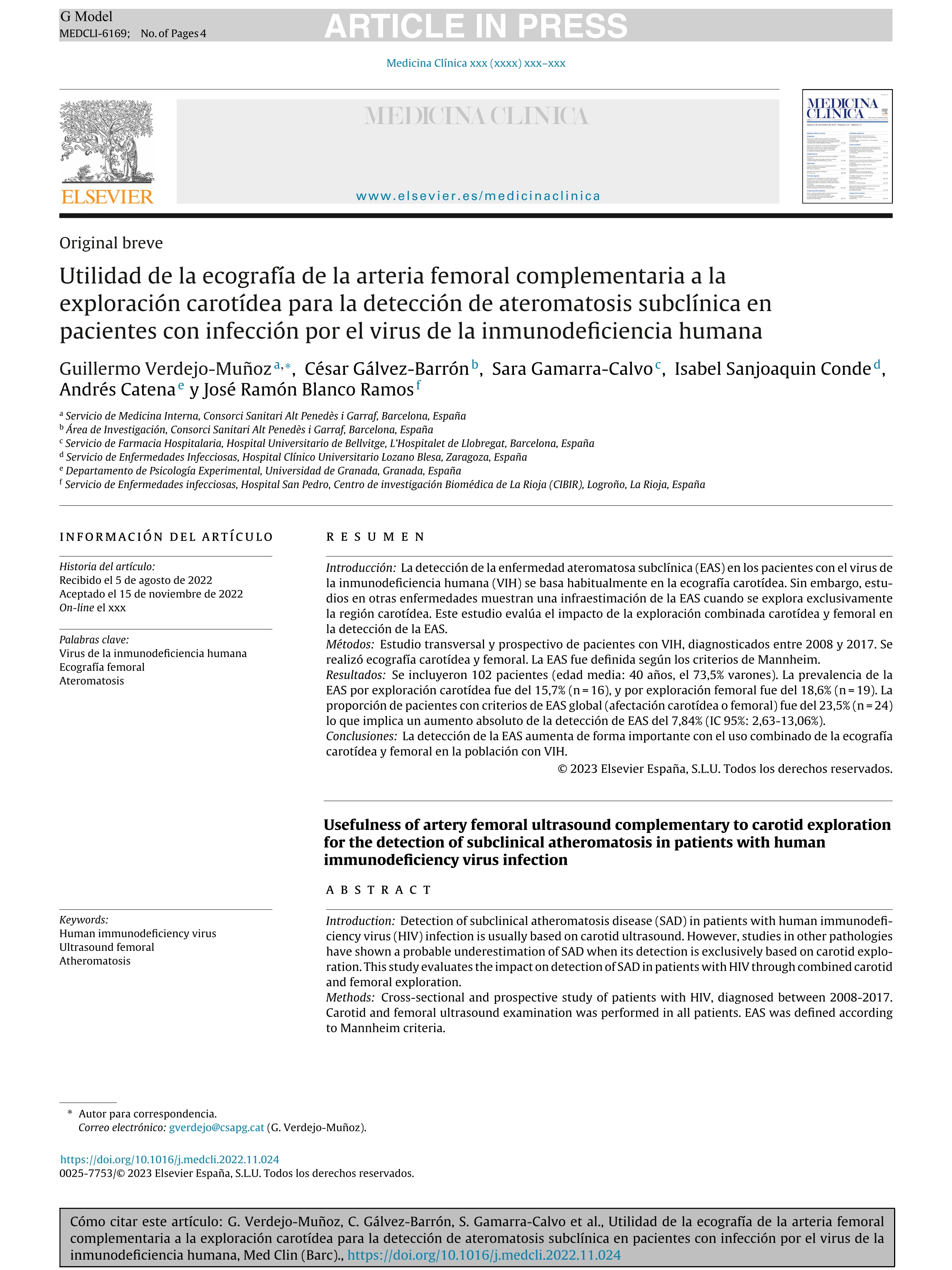 Utilidad de la ecografía de la arteria femoral complementaria a la exploración carotídea para la detección de ateromatosis subclínica en pacientes con infección por el virus de la inmunodeficiencia humana