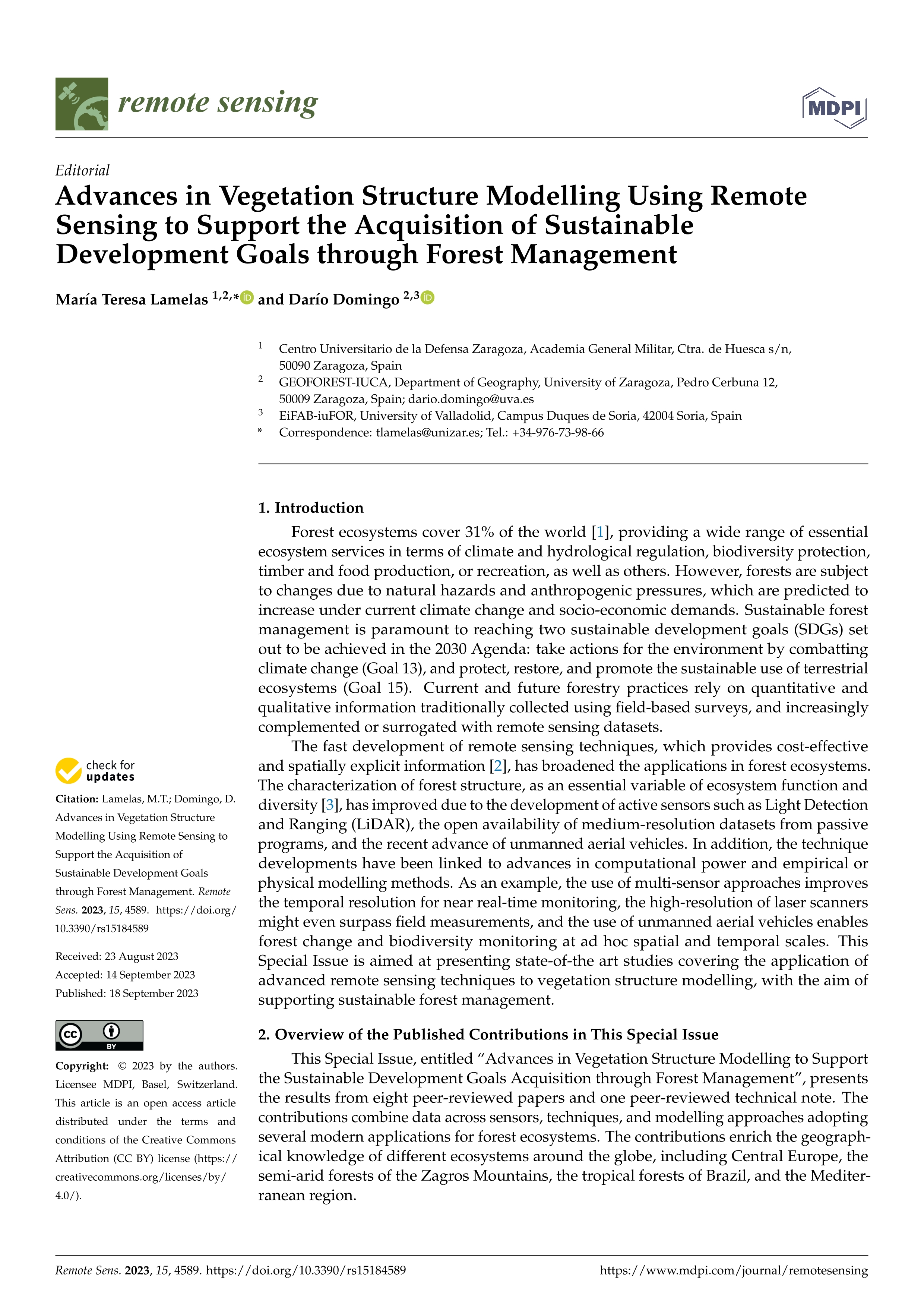 Advances in vegetation structure modelling using remote sensing to support the acquisition of sustainable development goals through forest management