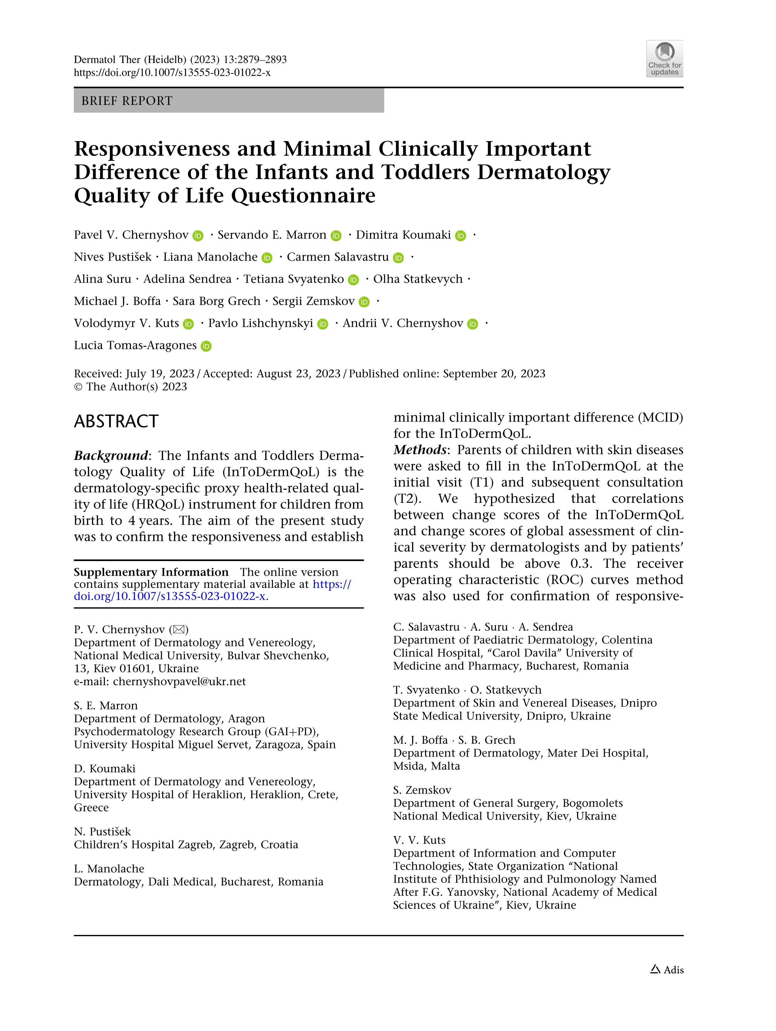 Responsiveness and minimal clinically important difference of the infants and toddlers dermatology quality of life questionnaire