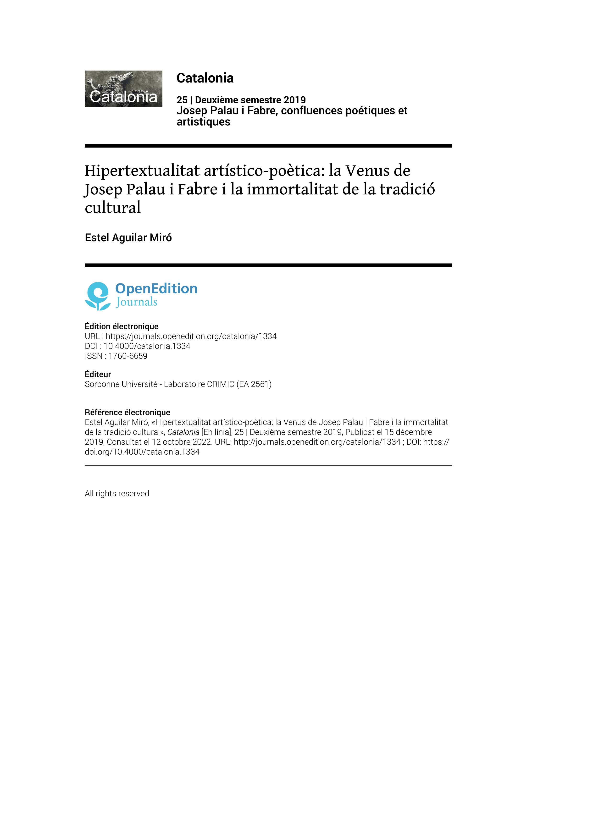 Hipertextualitat artísticopoètica: La Venus de Josep Palau i Fabre i la immortalitat de la tradició cultural