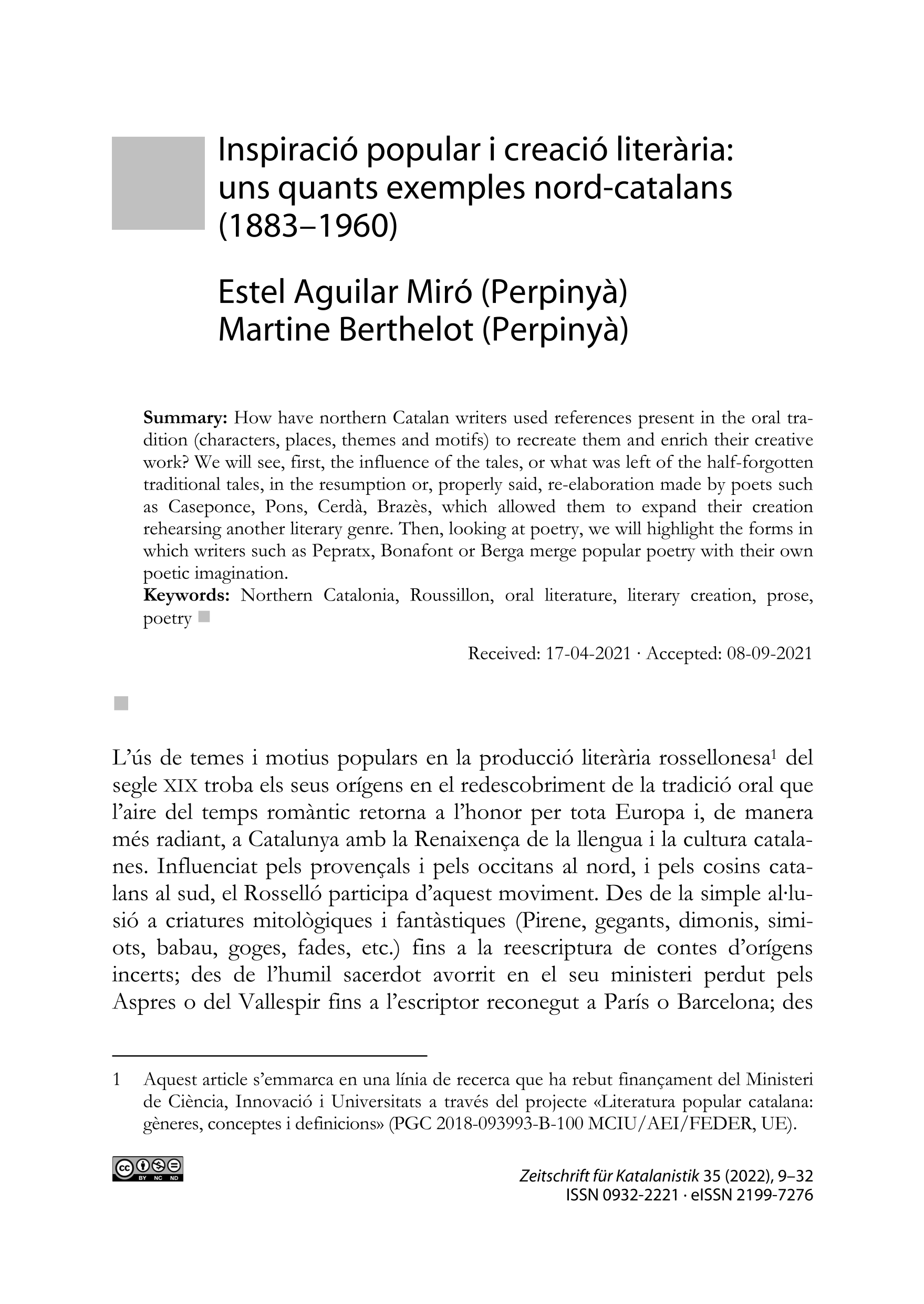 Inspiració popular i creació literària: uns quants exemples nord-catalans (1883–1960)