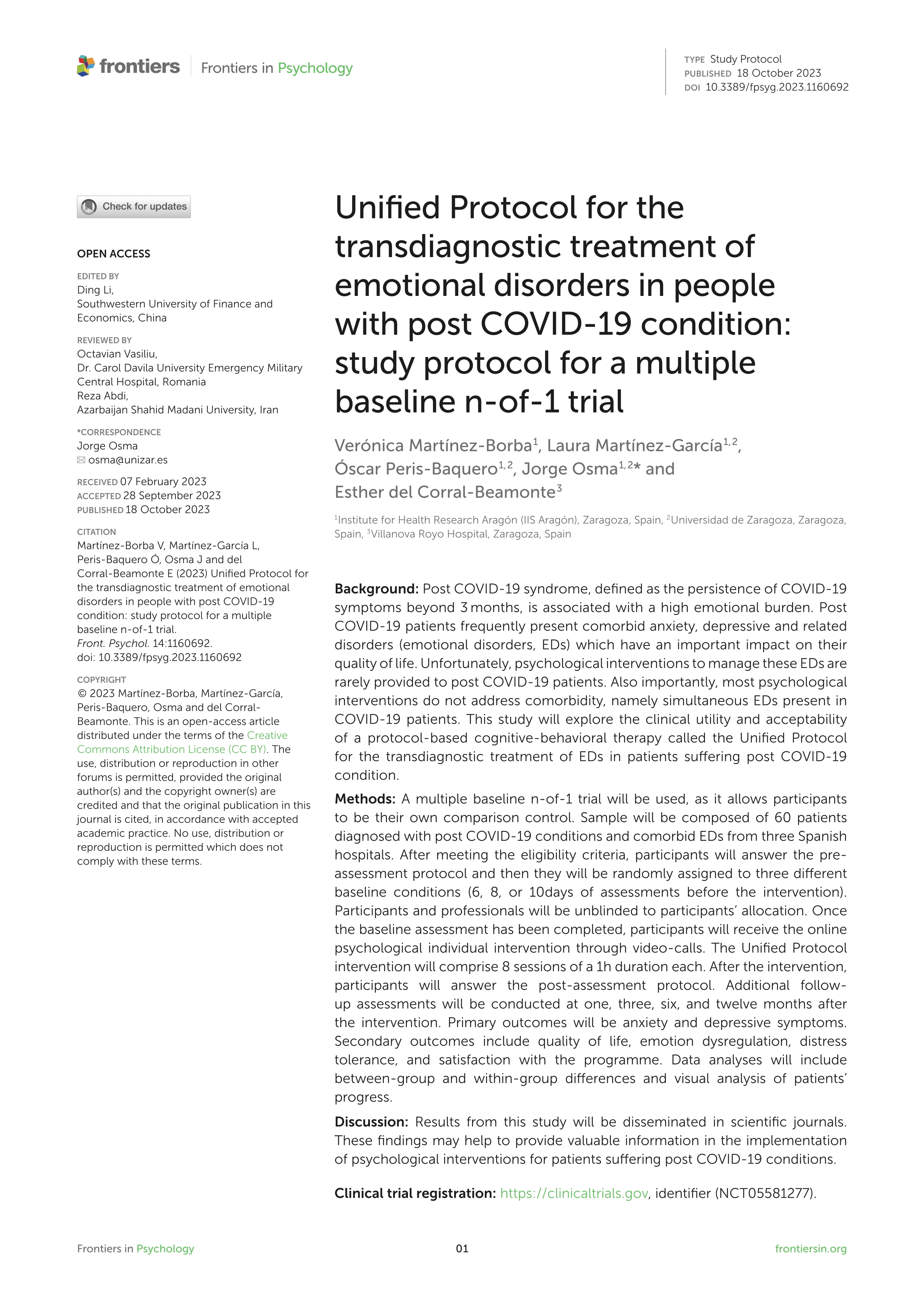 Unified protocol for the transdiagnostic treatment of emotional disorders in people with post COVID-19 condition: study protocol for a multiple baseline n-of-1 trial