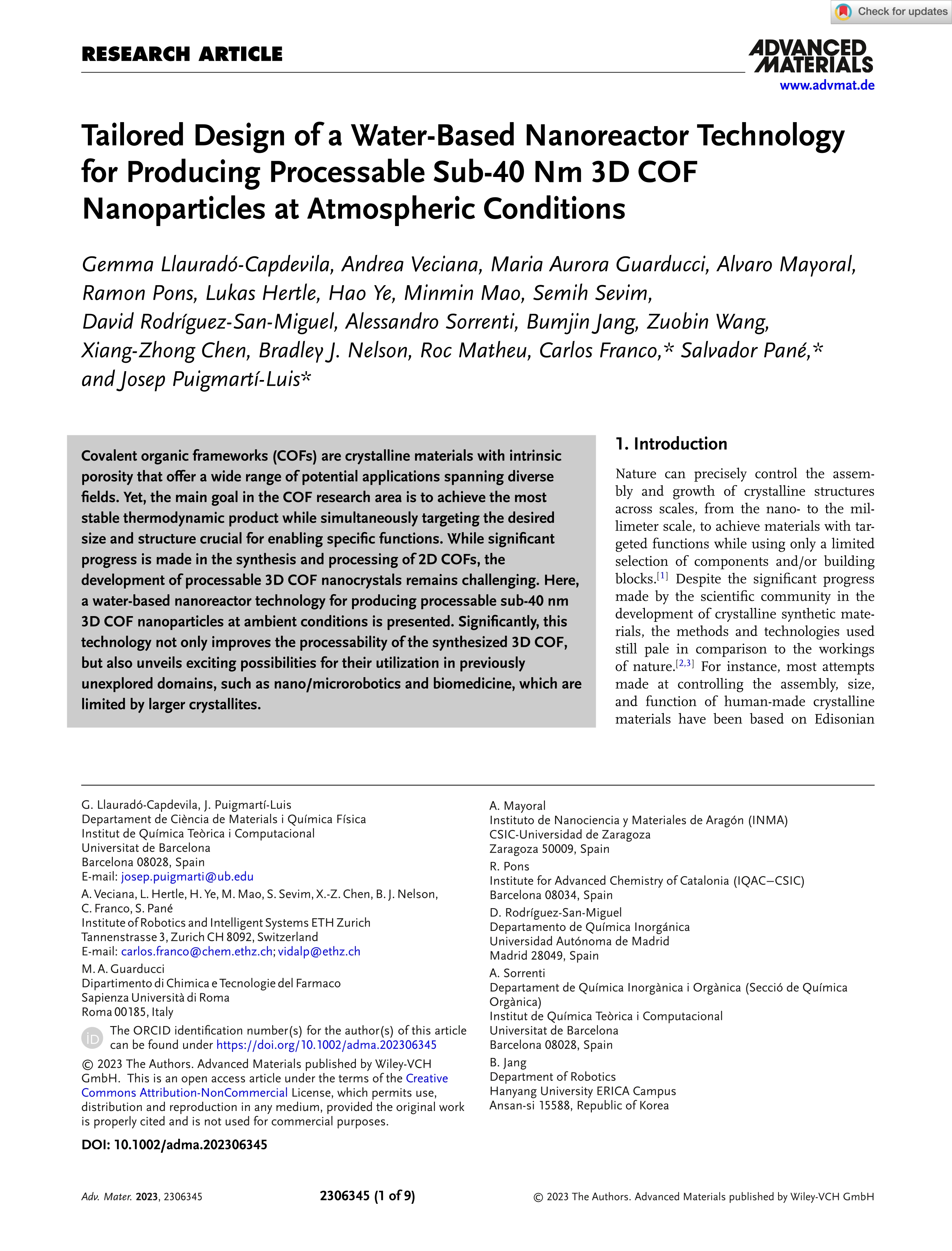 Tailored design of a water-based nanoreactor technology for producing processable Sub-40 Nm 3D COF nanoparticles at atmospheric conditions