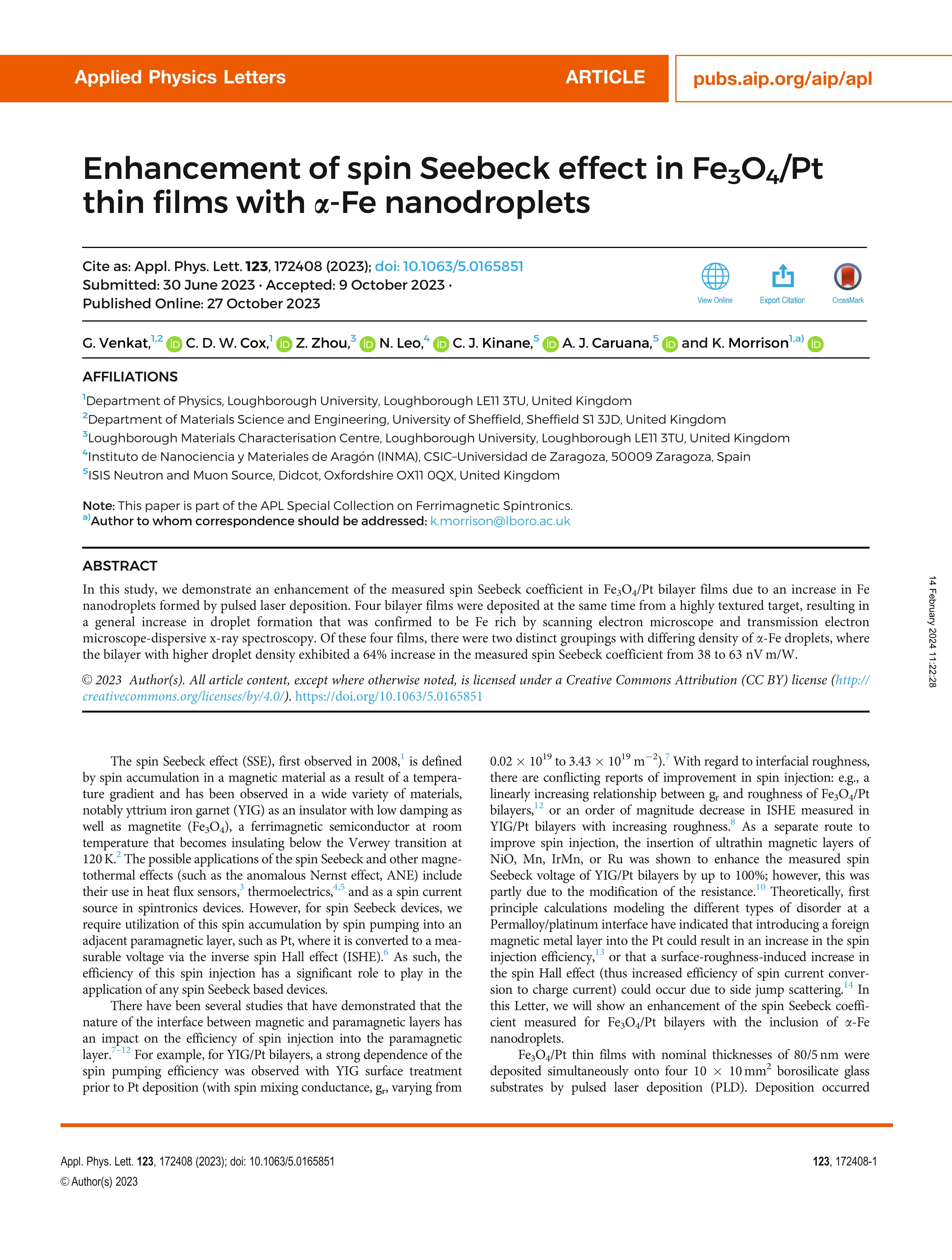 Enhancement of spin seebeck effect in Fe3O4/Pt thin films with a-Fe nanodroplets