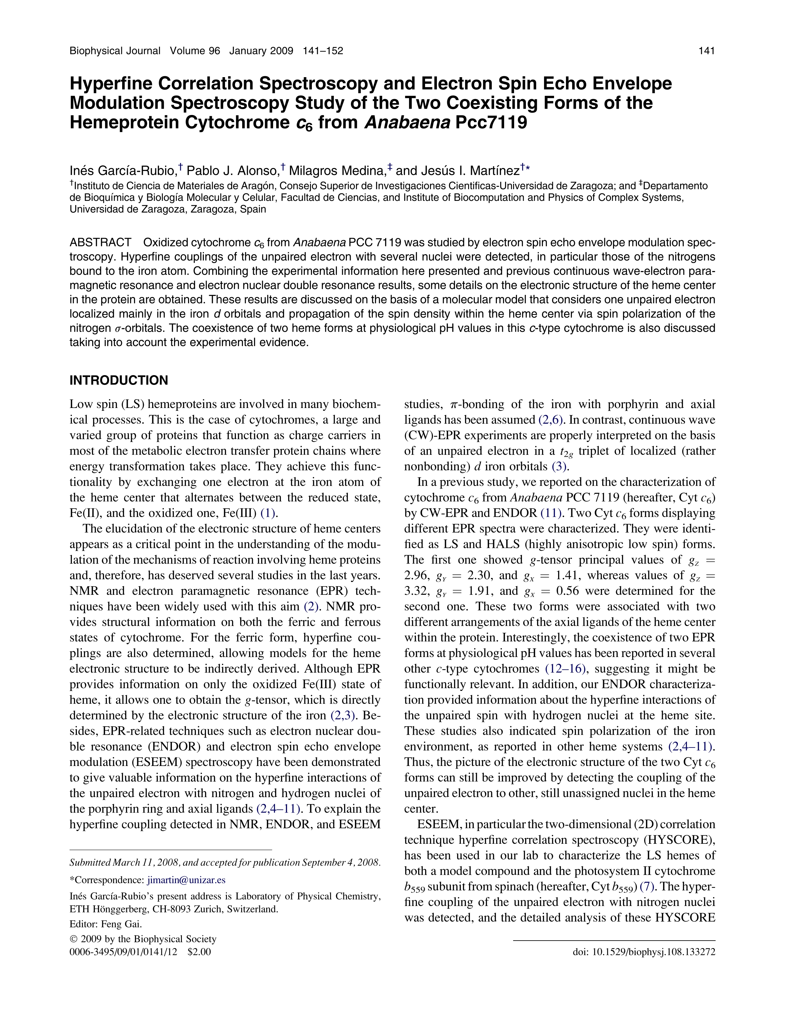 Hyperfine Correlation Spectroscopy and Electron Spin Echo Envelope Modulation Spectroscopy Study of the Two Coexisting Forms of the Hemeprotein Cytochrome c6 from Anabaena Pcc7119