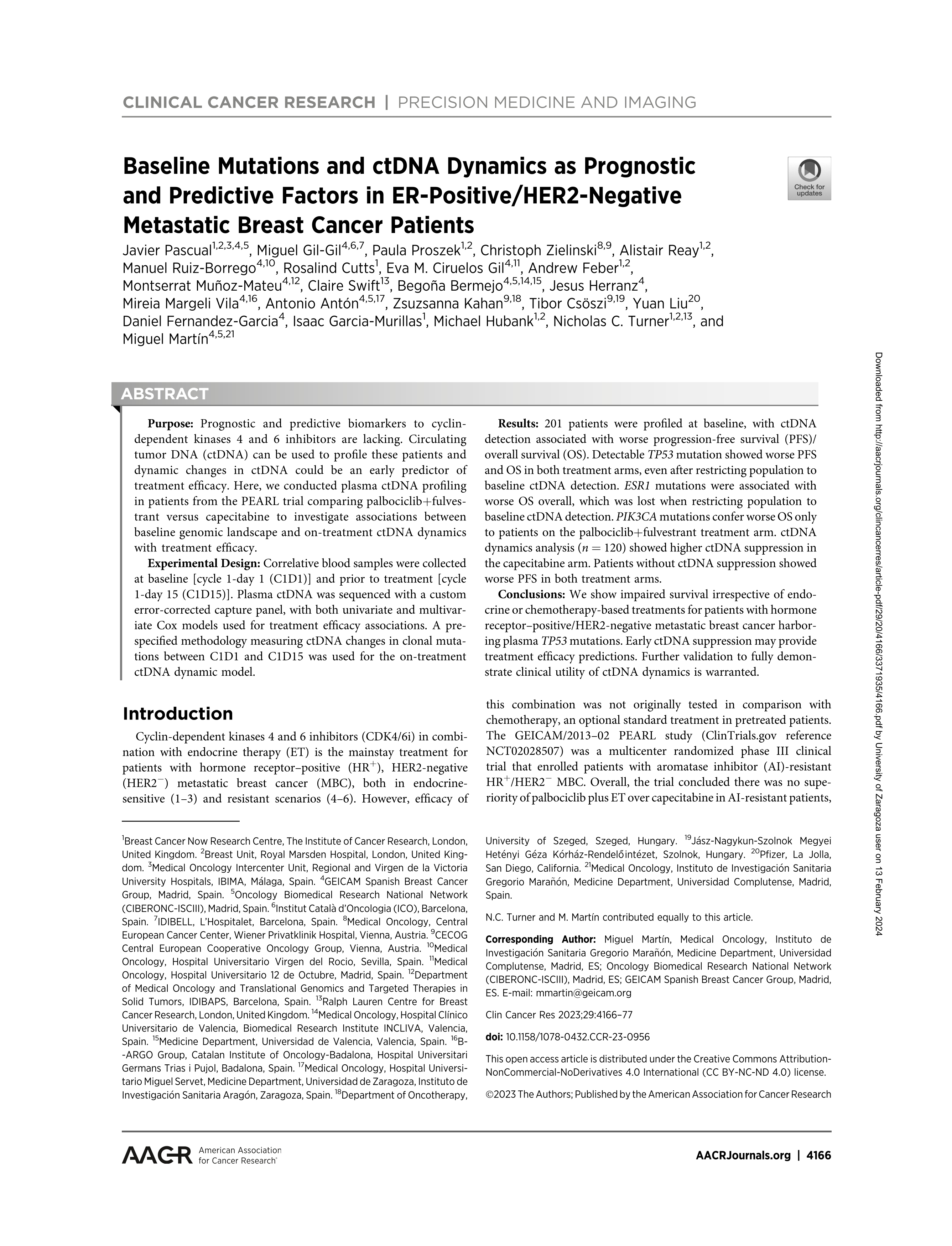 Baseline mutations and ctDNA dynamics as prognostic and predictive factors in ER-positive/HER2-negative metastatic breast cancer patients