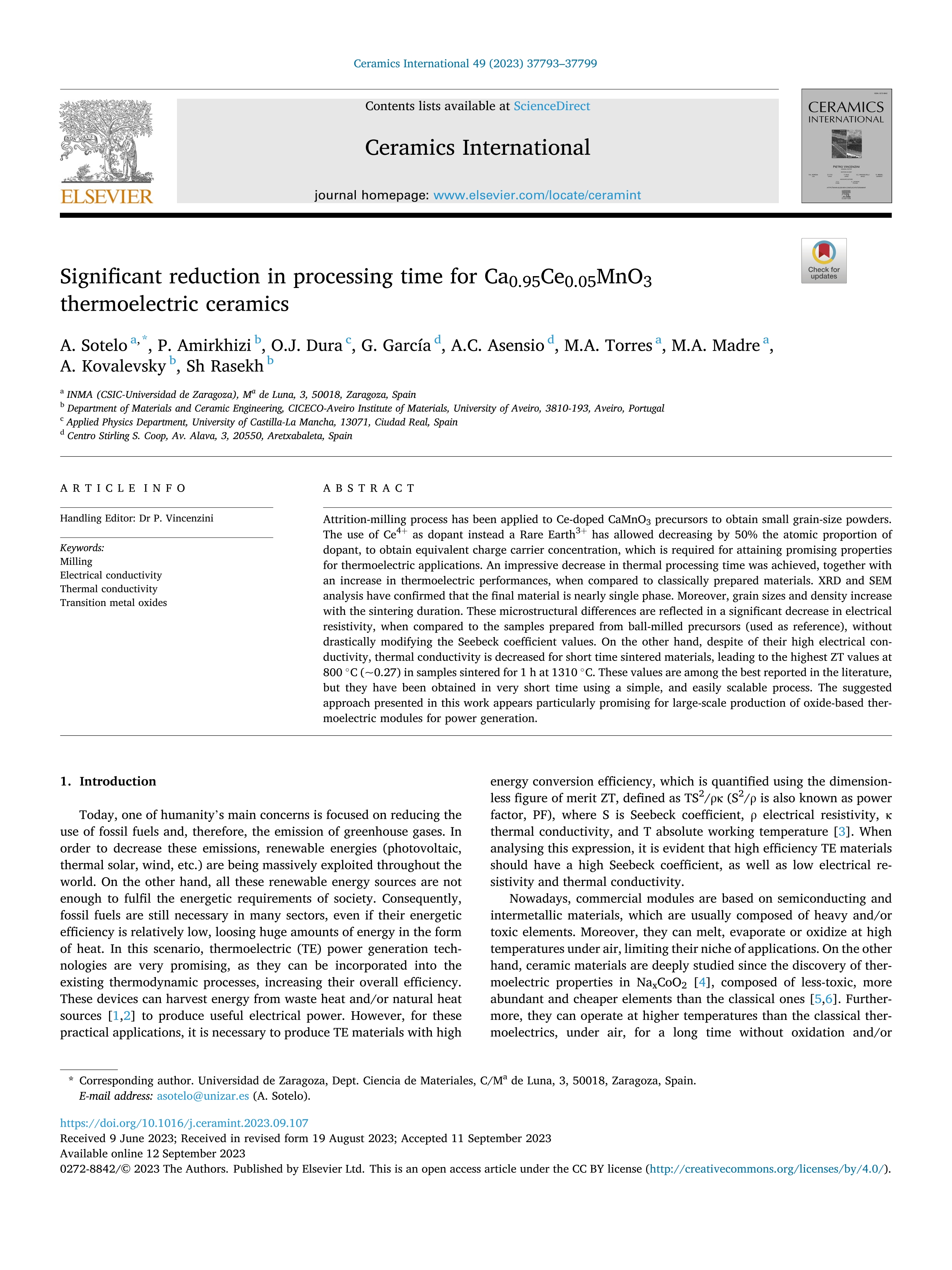 Significant reduction in processing time for Ca0.95Ce0.05MnO3 thermoelectric ceramics