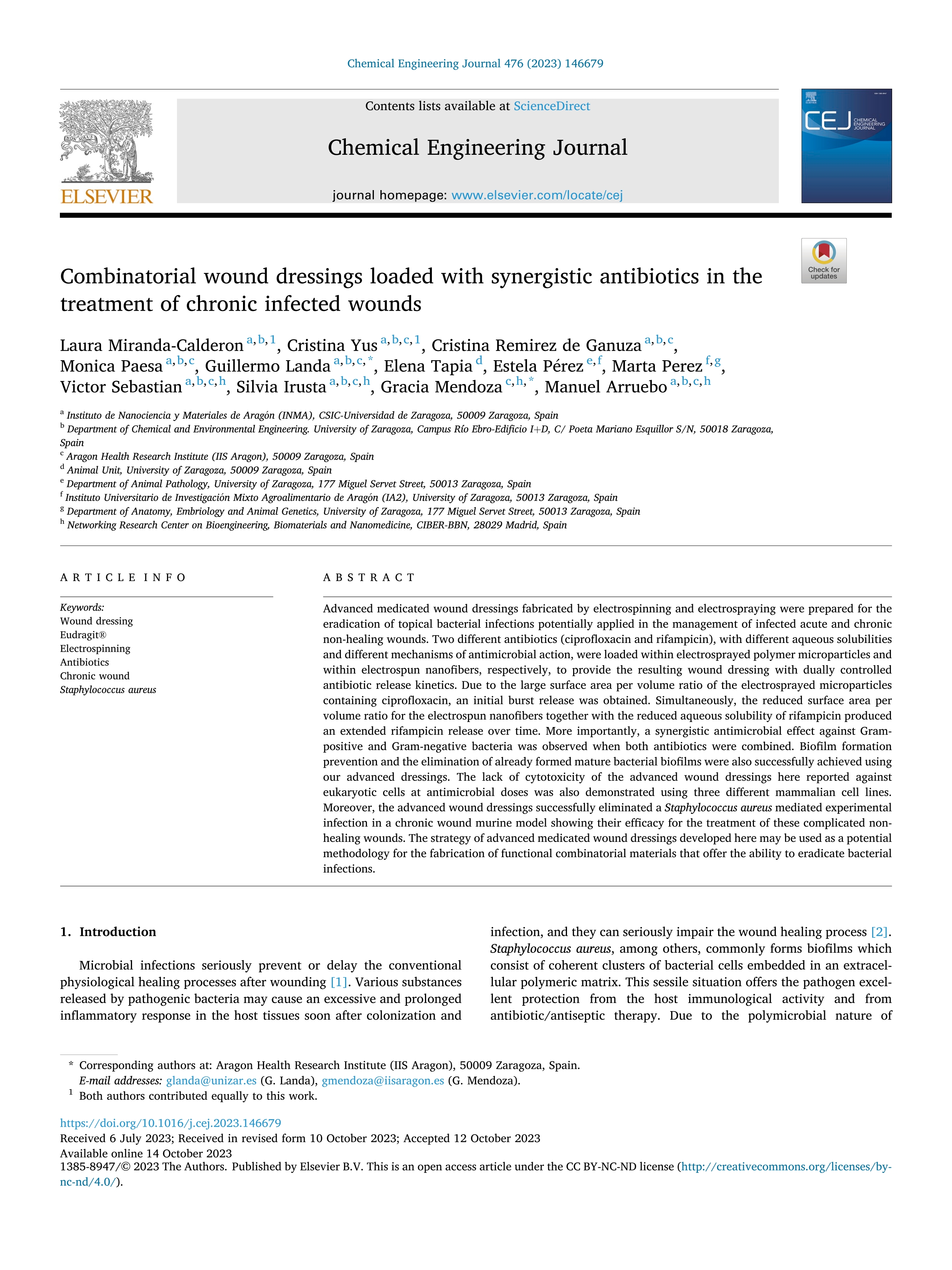 Combinatorial wound dressings loaded with synergistic antibiotics in the treatment of chronic infected wounds