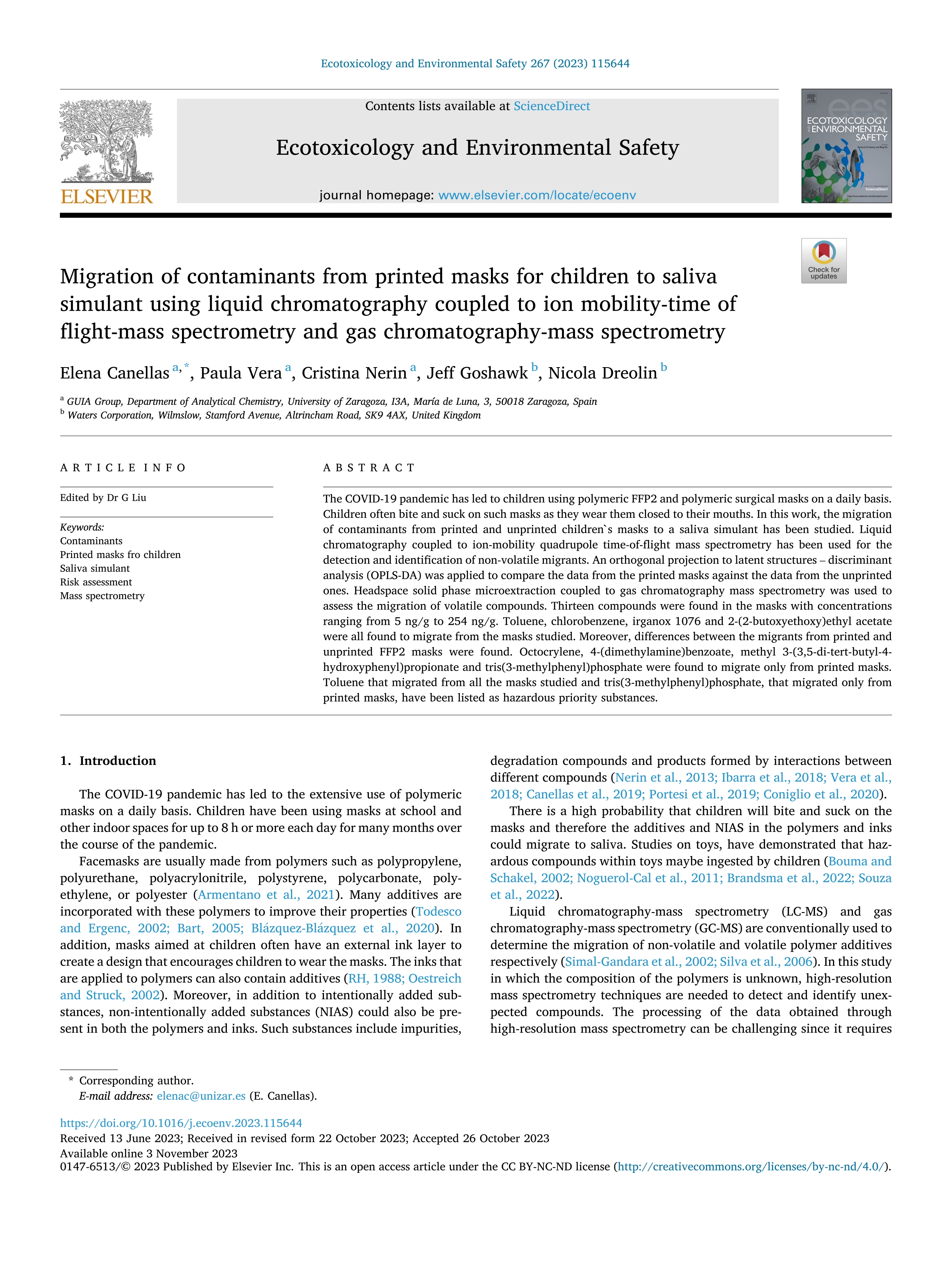 Migration of contaminants from printed masks for children to saliva simulant using liquid chromatography coupled to ion mobility-time of flight-mass spectrometry and gas chromatography-mass spectrometry