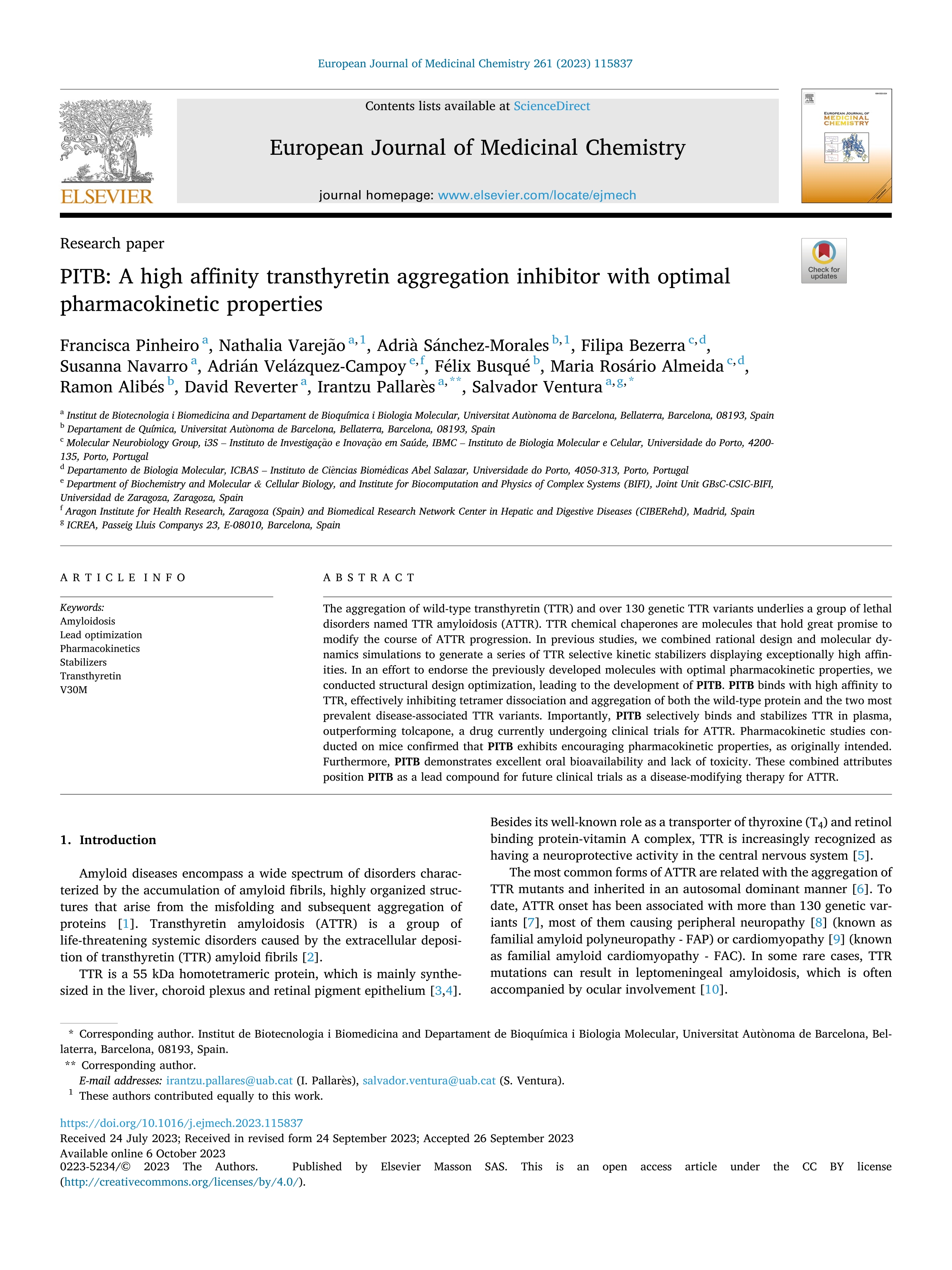 PITB: A high affinity transthyretin aggregation inhibitor with optimal pharmacokinetic properties