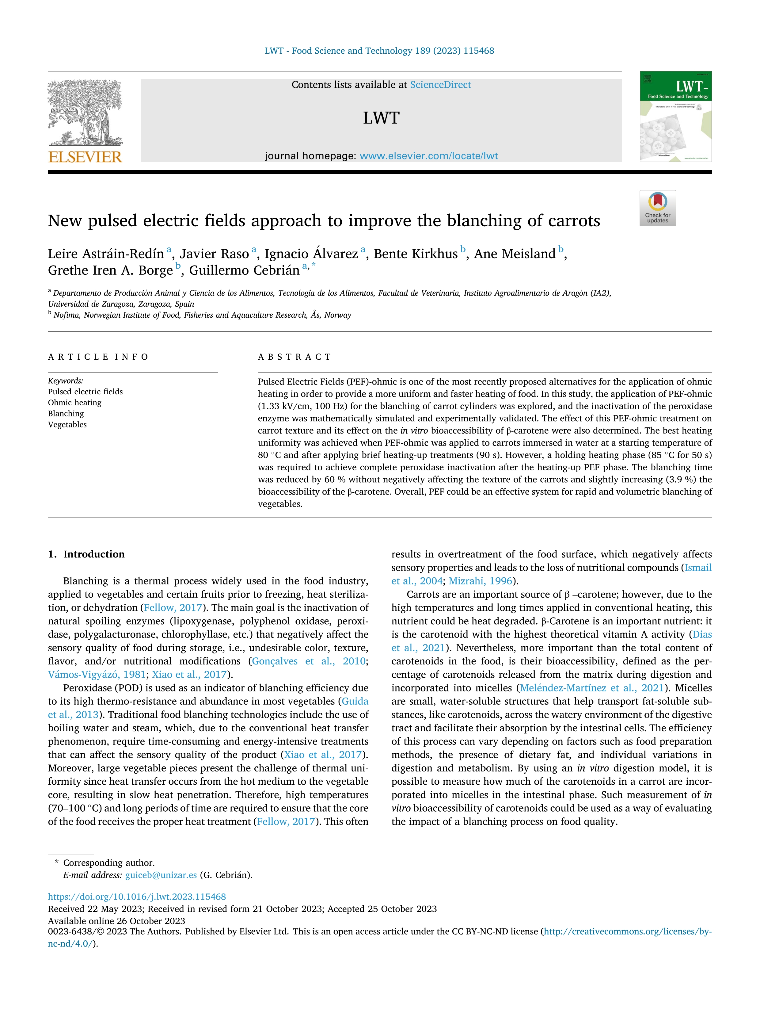 New pulsed electric fields approach to improve the blanching of carrots