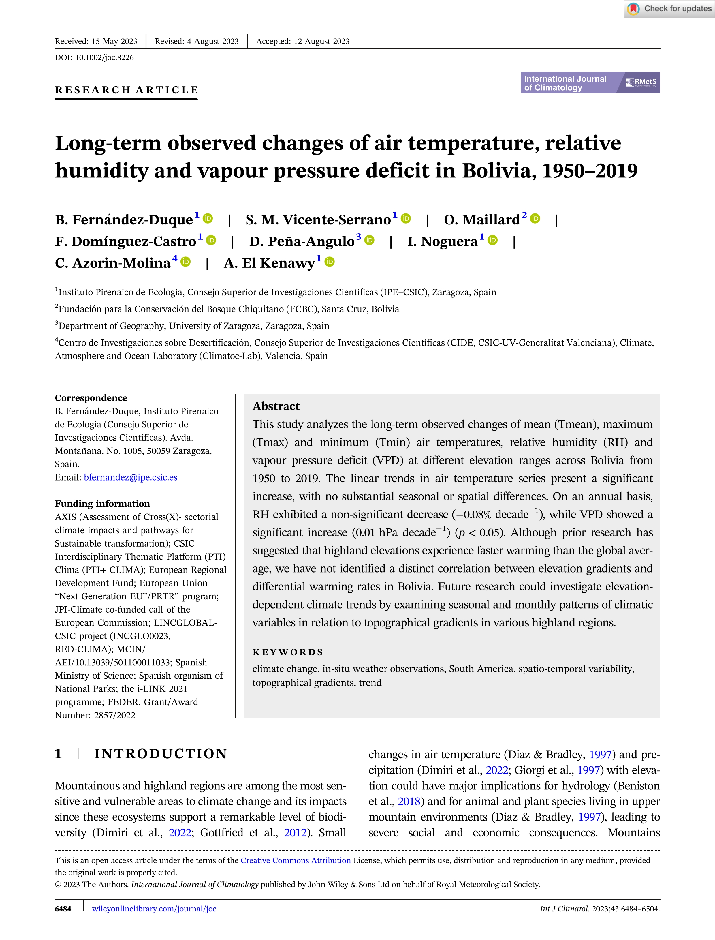 Long-term observed changes of air temperature, relative humidity and vapour pressure deficit in Bolivia, 1950–2019