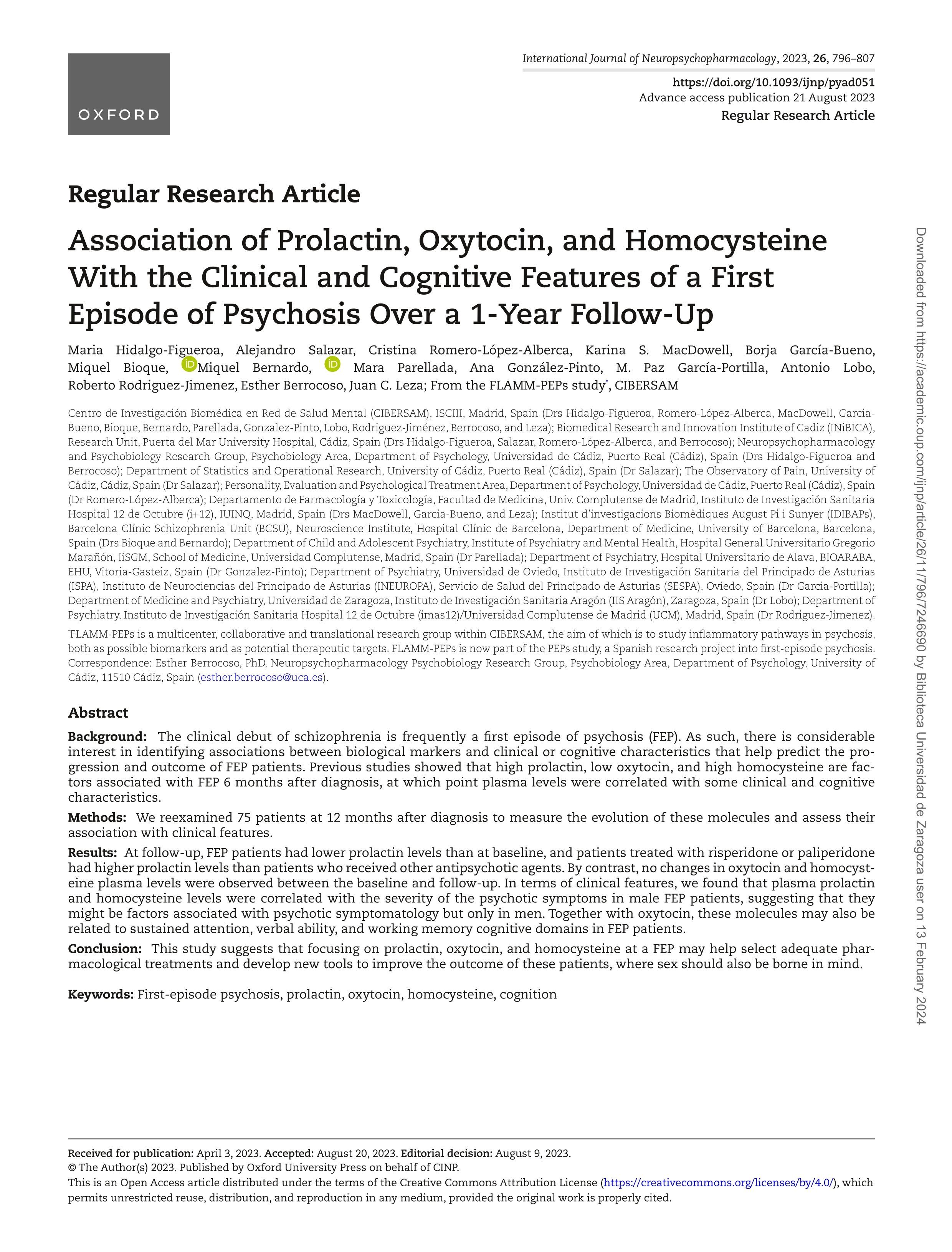 Association of prolactin, oxytocin, and homocysteine with the clinical and cognitive features of a first episode of psychosis over a 1-year follow-up