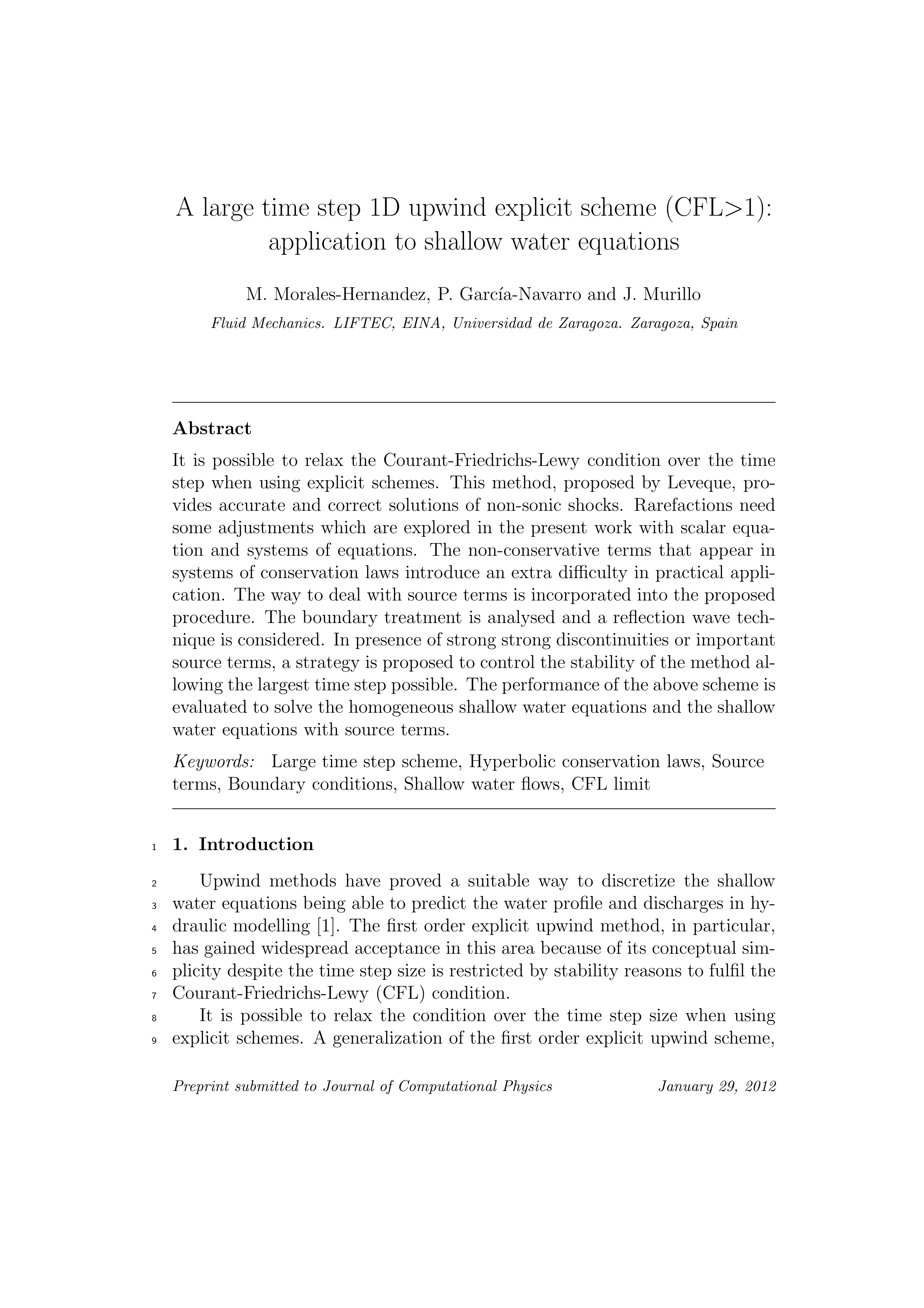 A large time step 1D upwind explicit scheme (CFL > 1): Application to shallow water equations