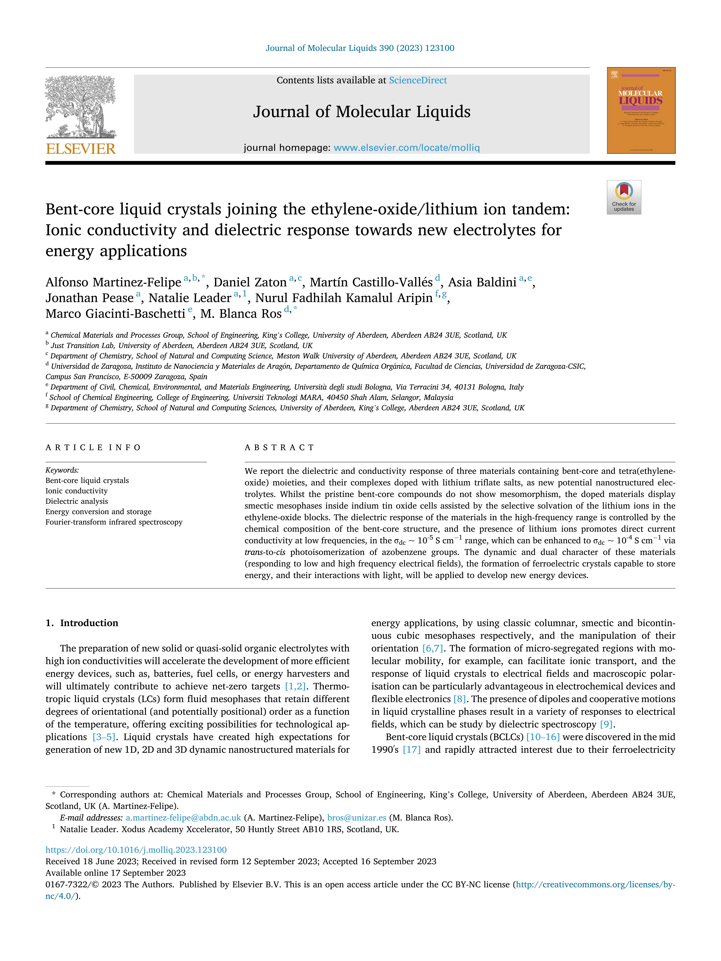 Bent-core liquid crystals joining the ethylene-oxide/lithium ion tandem: Ionic conductivity and dielectric response towards new electrolytes for energy applications