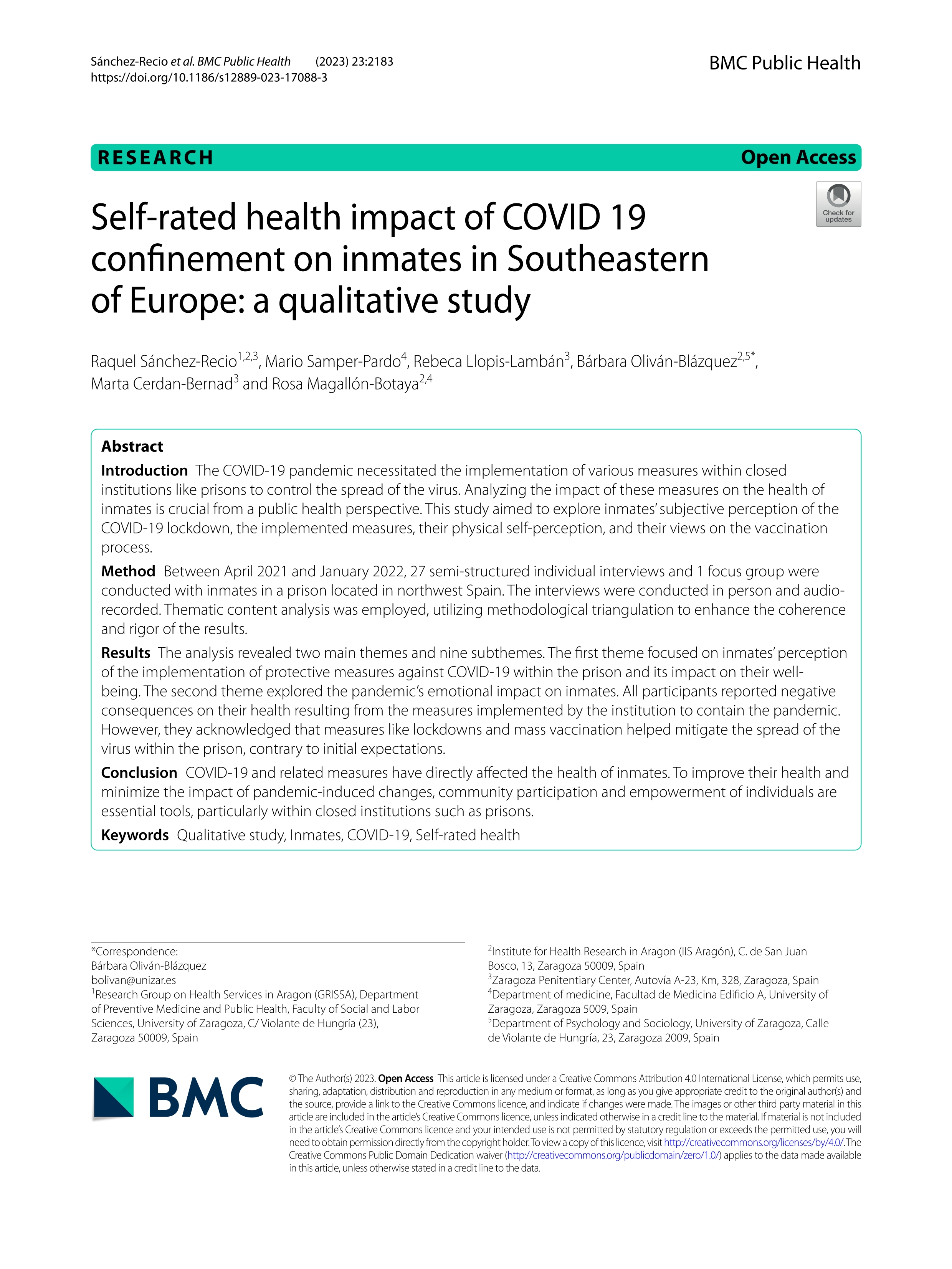 Self-rated health impact of COVID 19 confinement on inmates in Southeastern of Europe: a qualitative study