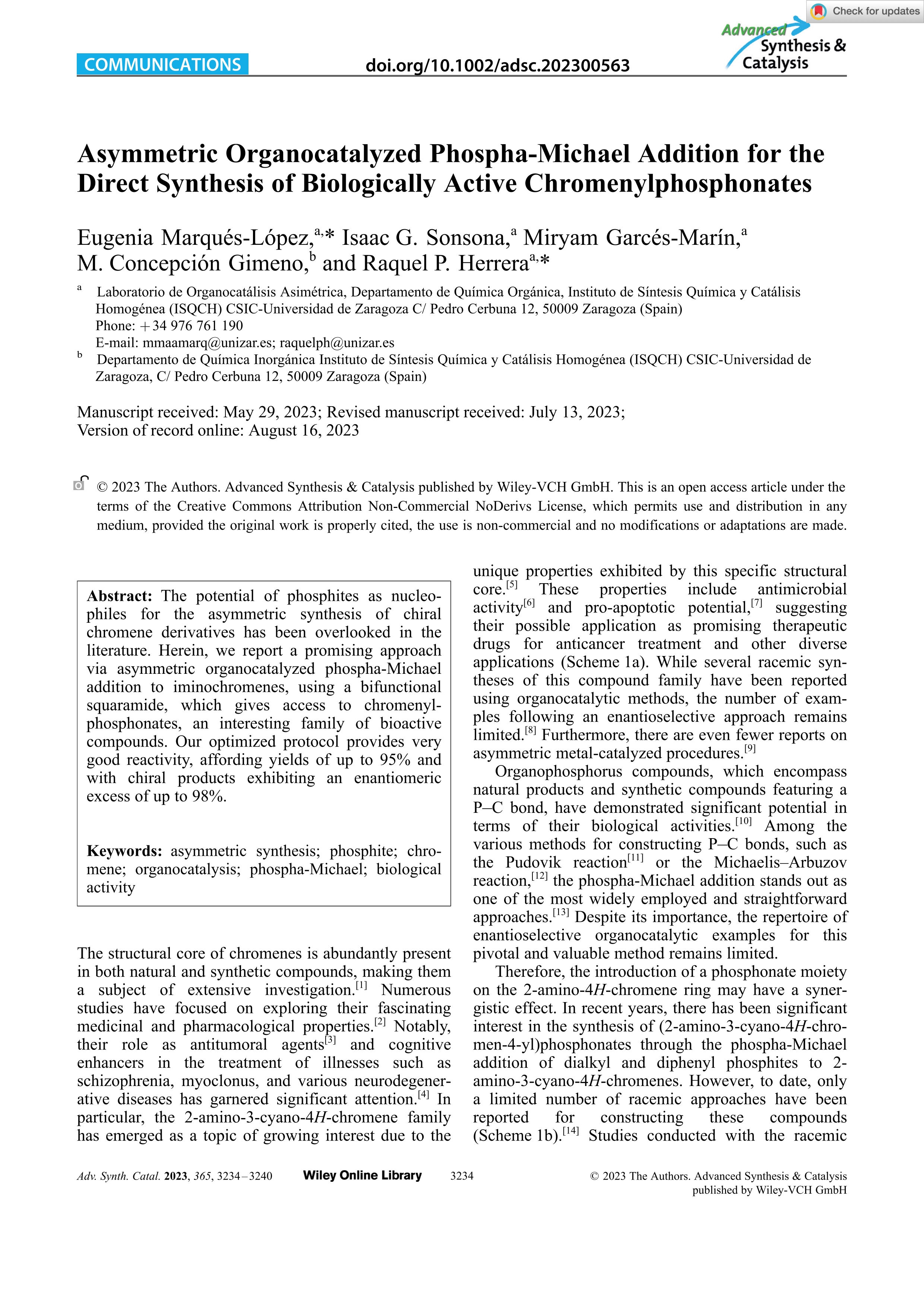 Asymmetric organocatalyzed phospha-michael addition for the direct synthesis of biologically active chromenylphosphonates