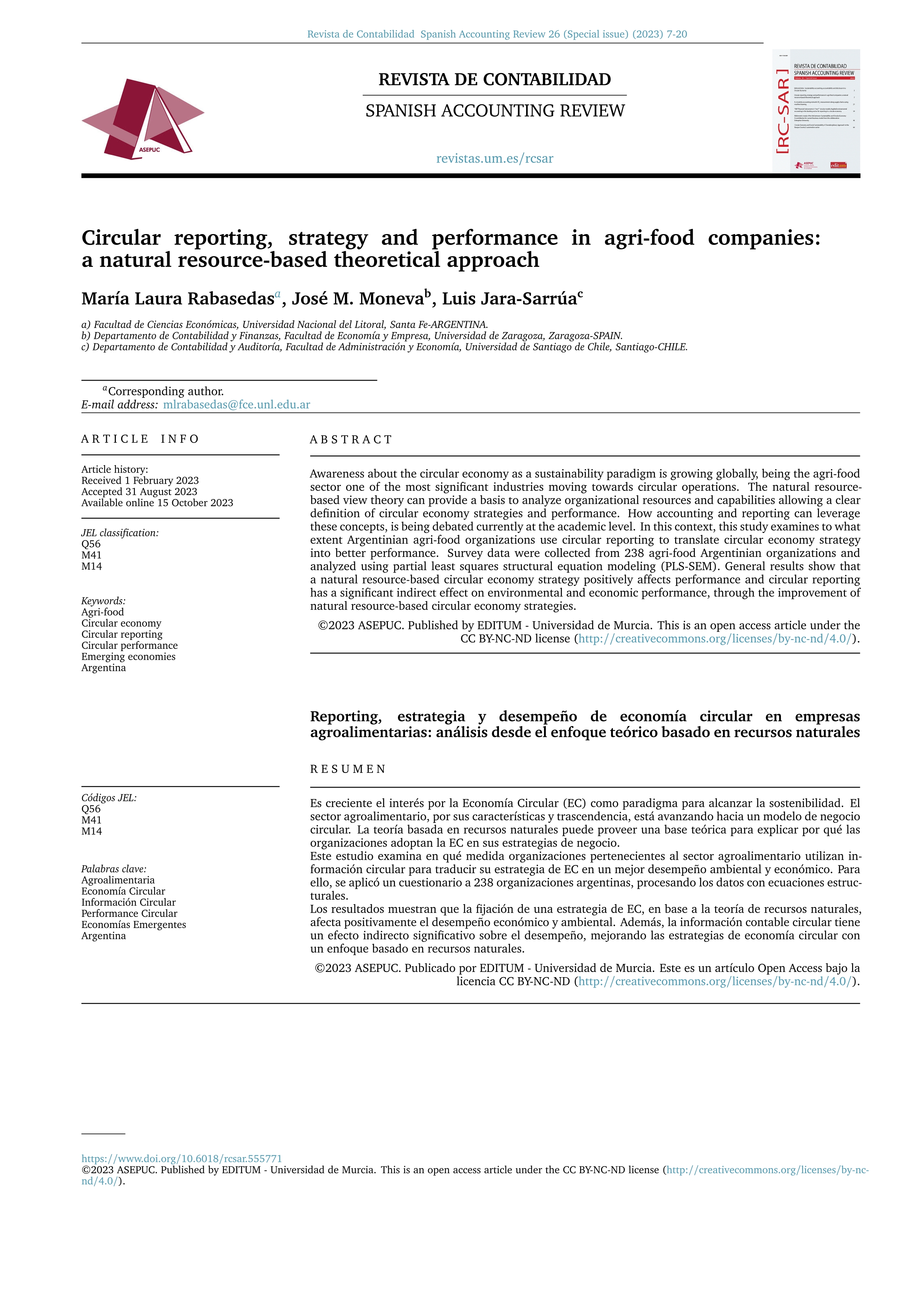 Circular reporting, strategy and performance in agri-food companies: a natural resource-based theoretical approach