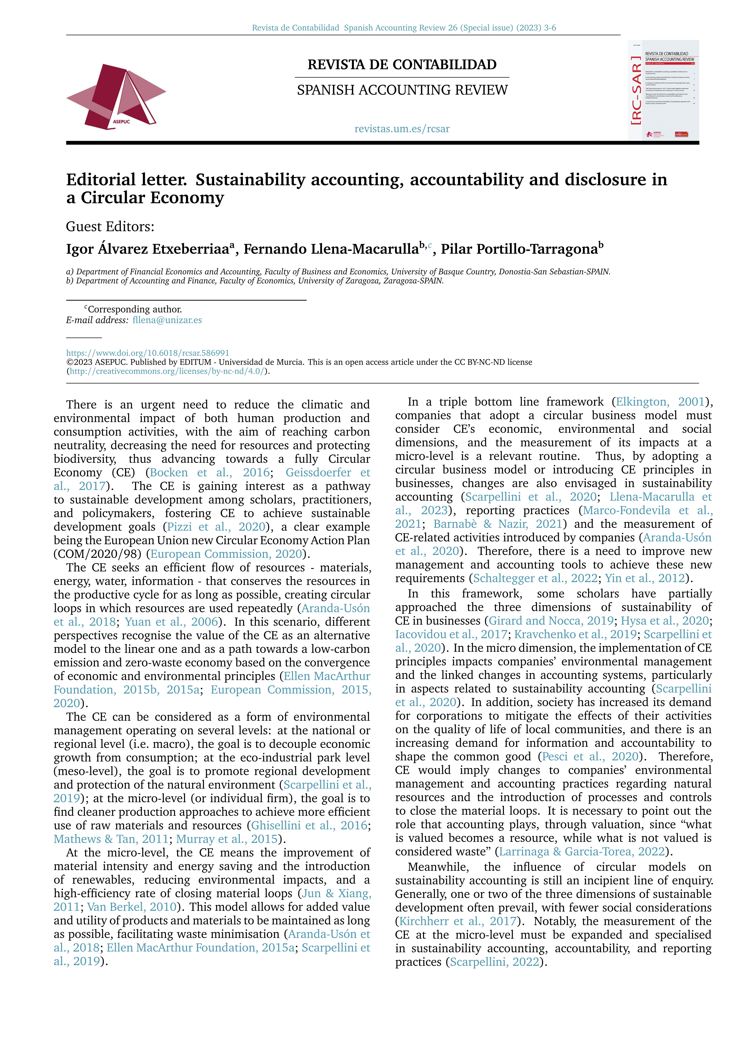 Editorial letter. Sustainability accounting, accountability and disclosure in a Circular Economy