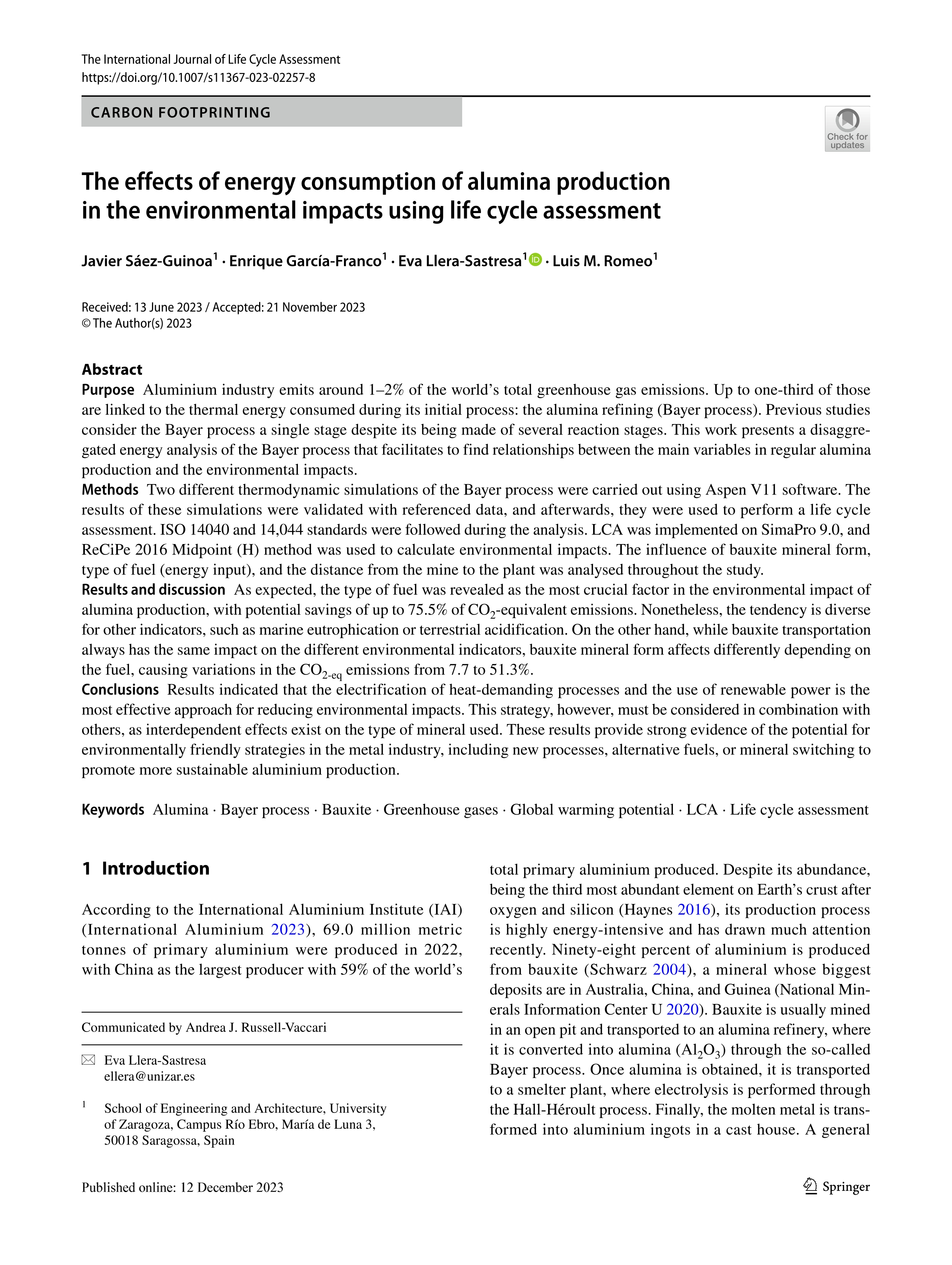 The effects of energy consumption of alumina production in the environmental impacts using life cycle assessment