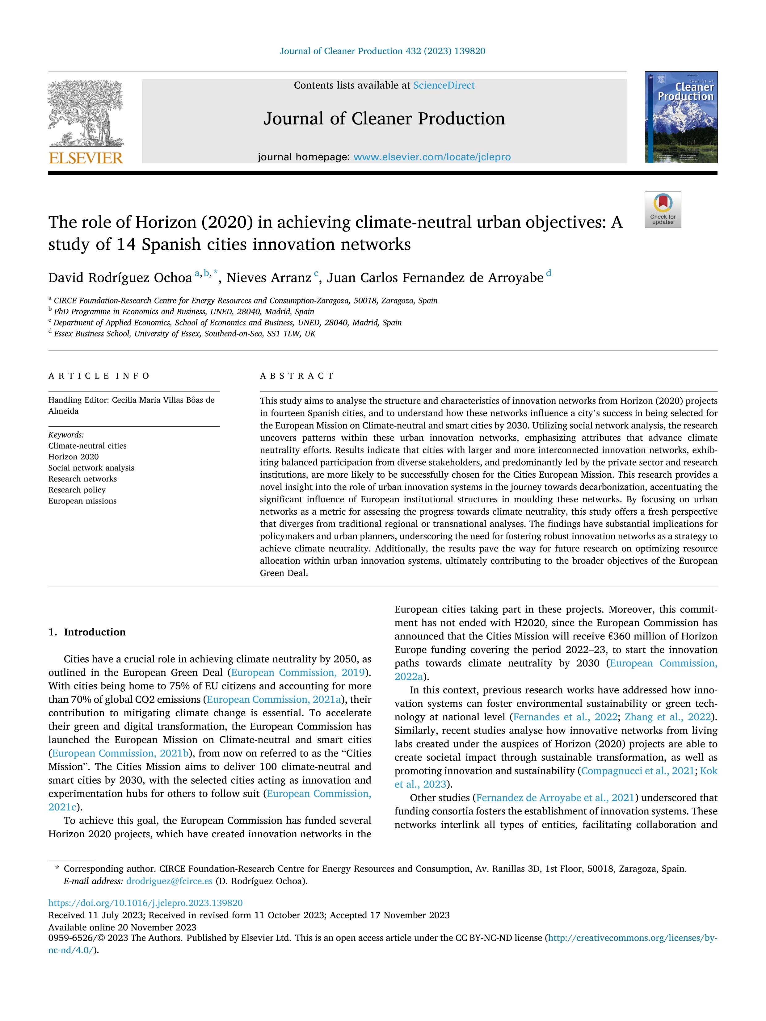 The role of Horizon (2020) in achieving climate-neutral urban objectives: A study of 14 Spanish cities innovation networks