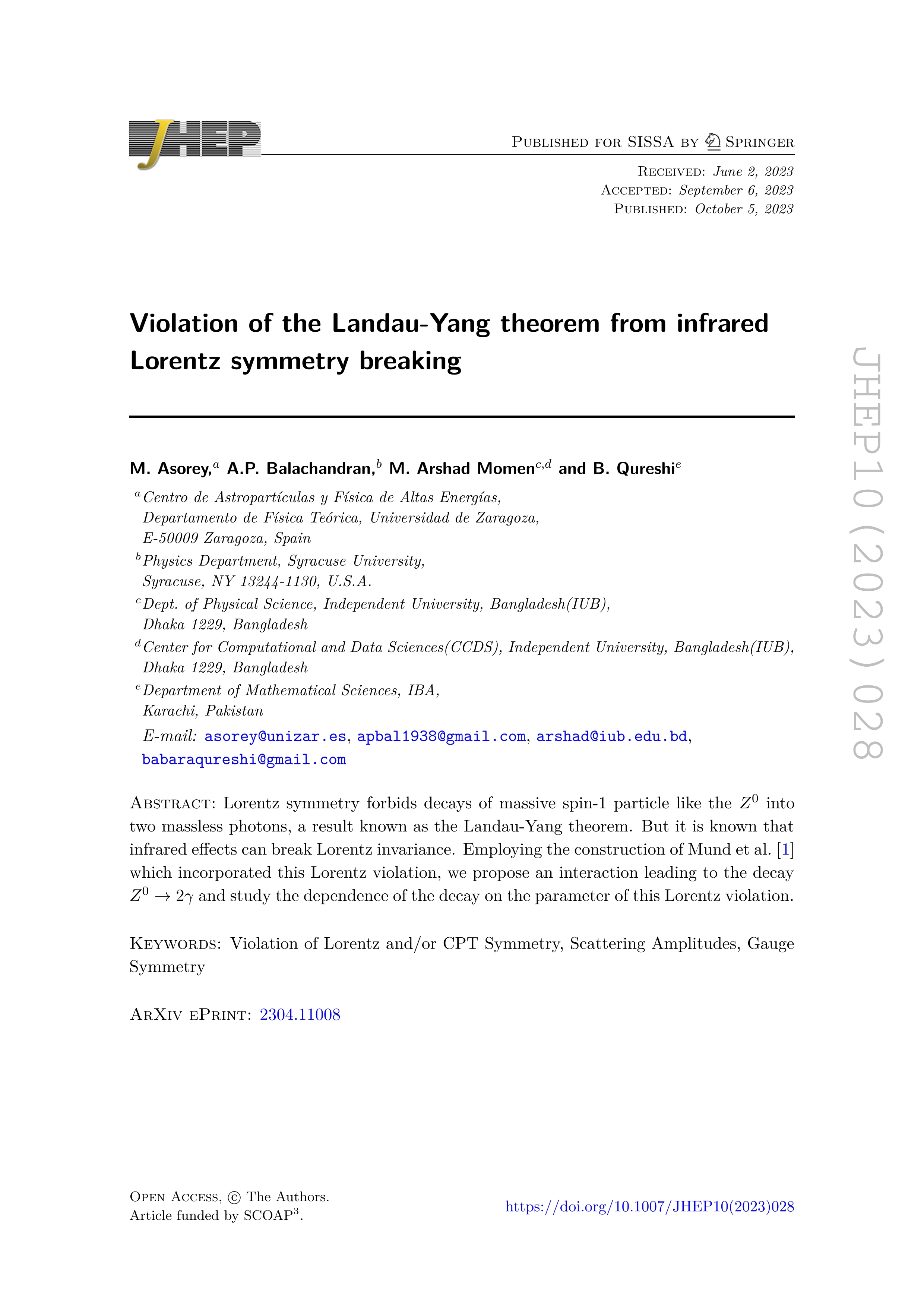 Violation of the Landau-Yang theorem from infrared Lorentz symmetry breaking