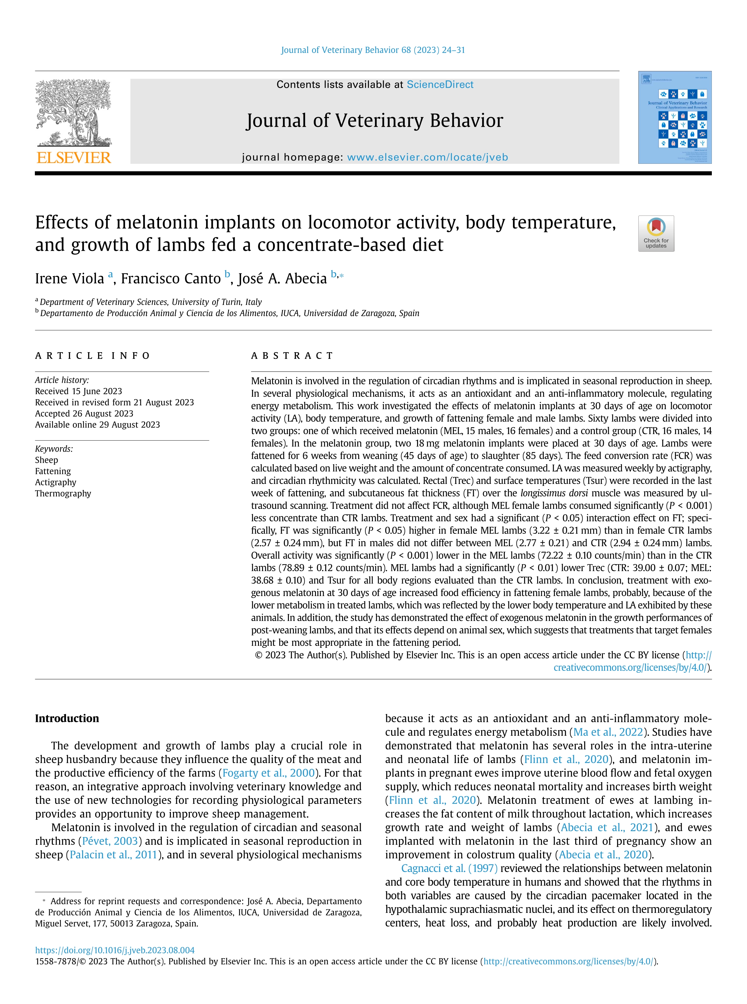 Effects of melatonin implants on locomotor activity, body temperature, and growth of lambs fed a concentrate-based diet