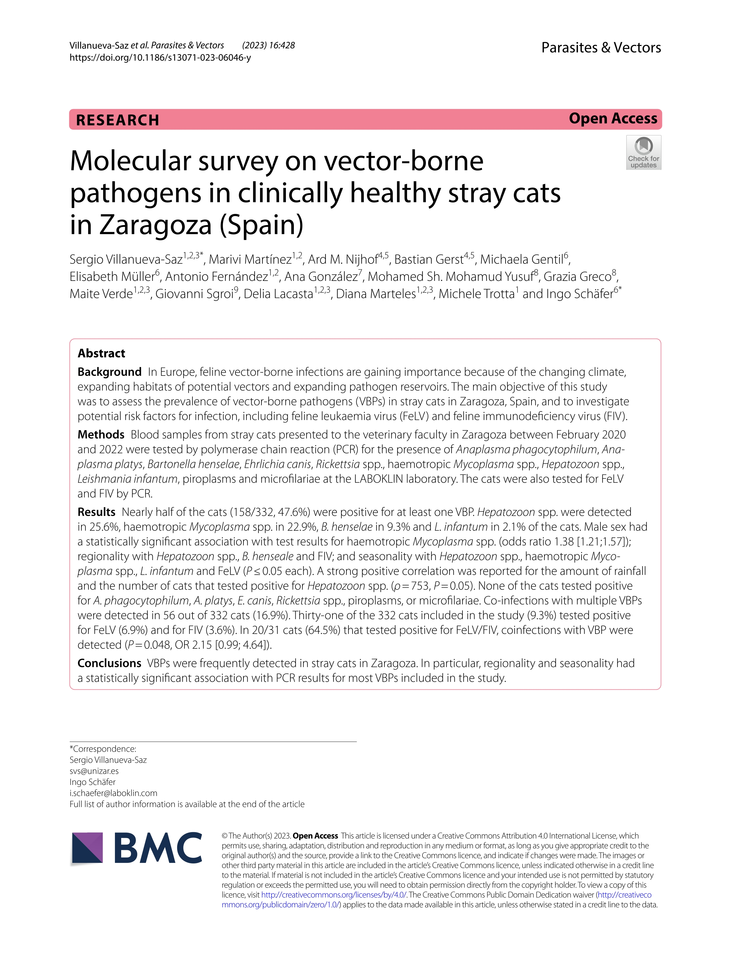 Molecular survey on vector-borne pathogens in clinically healthy stray cats in Zaragoza (Spain)