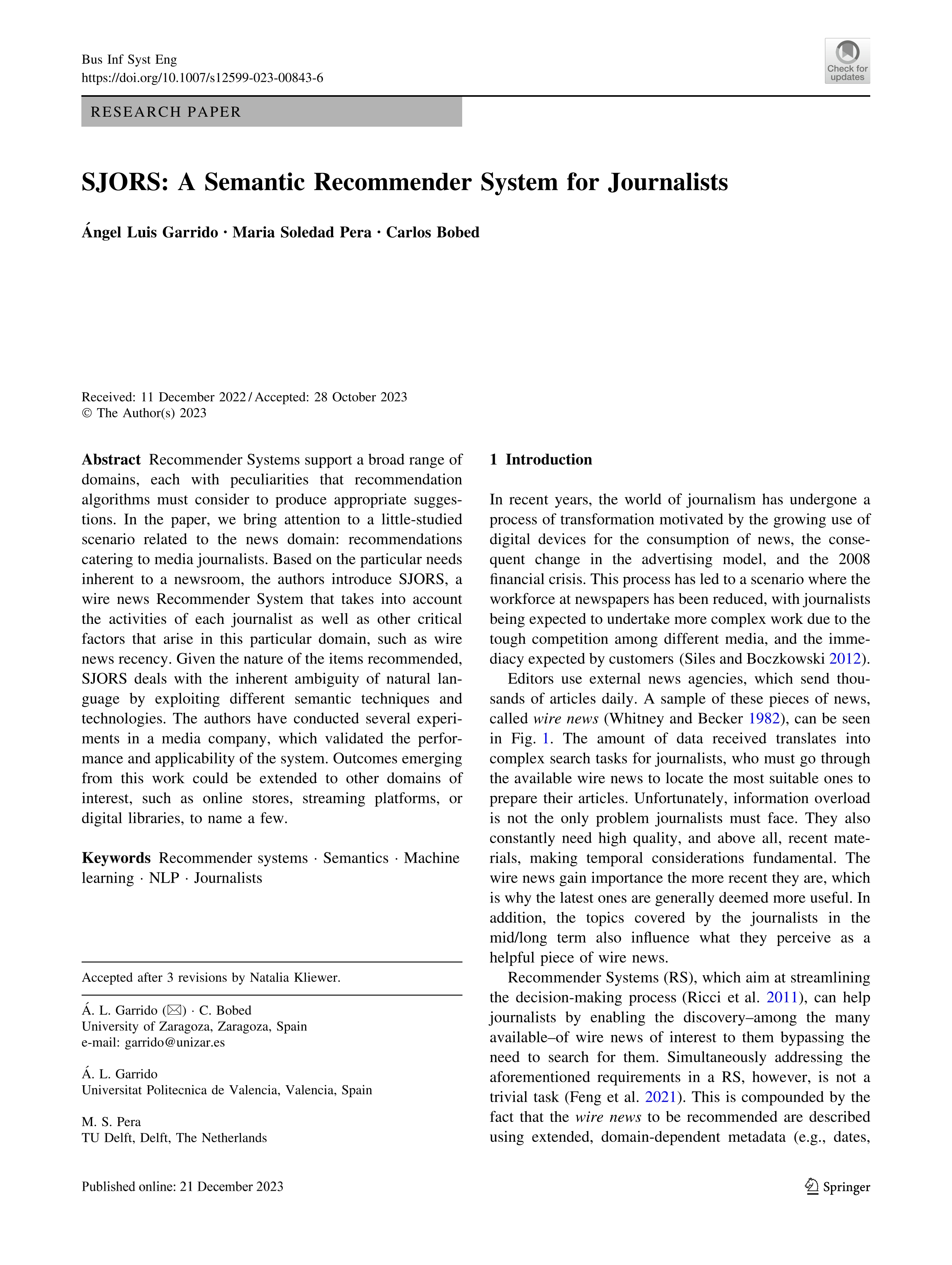 SJORS: A Semantic Recommender System for Journalists