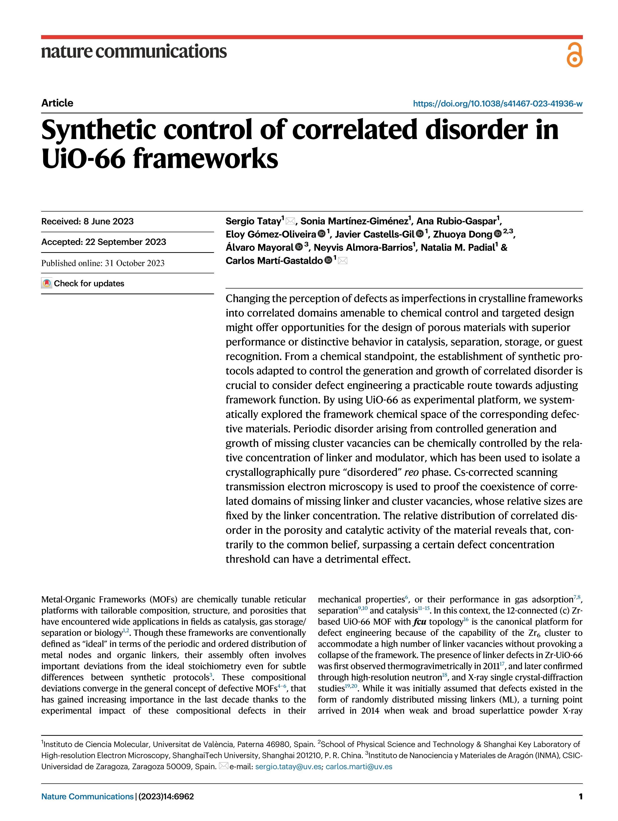 Synthetic control of correlated disorder in UiO-66 frameworks