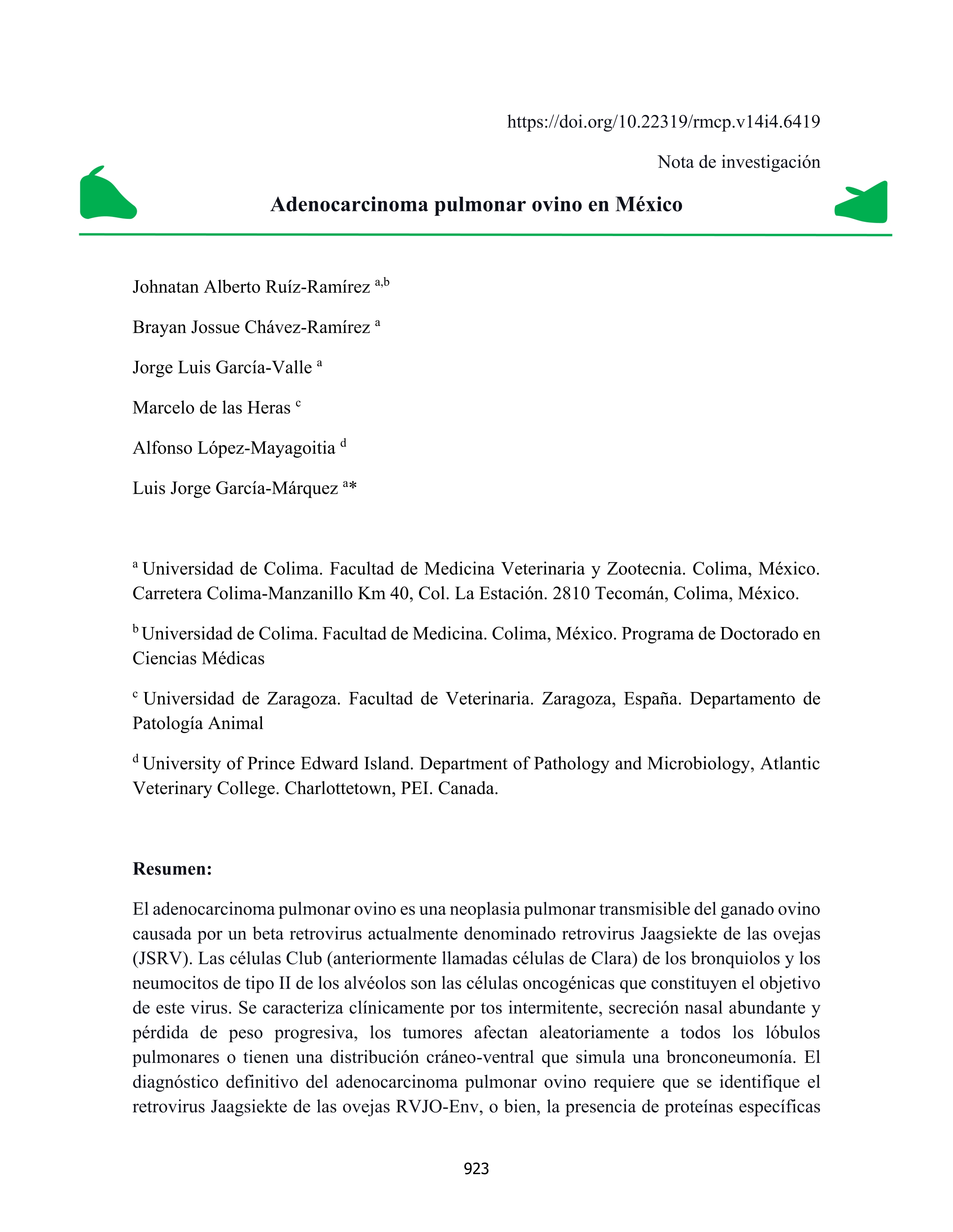 Adenocarcinoma pulmonar ovino en México