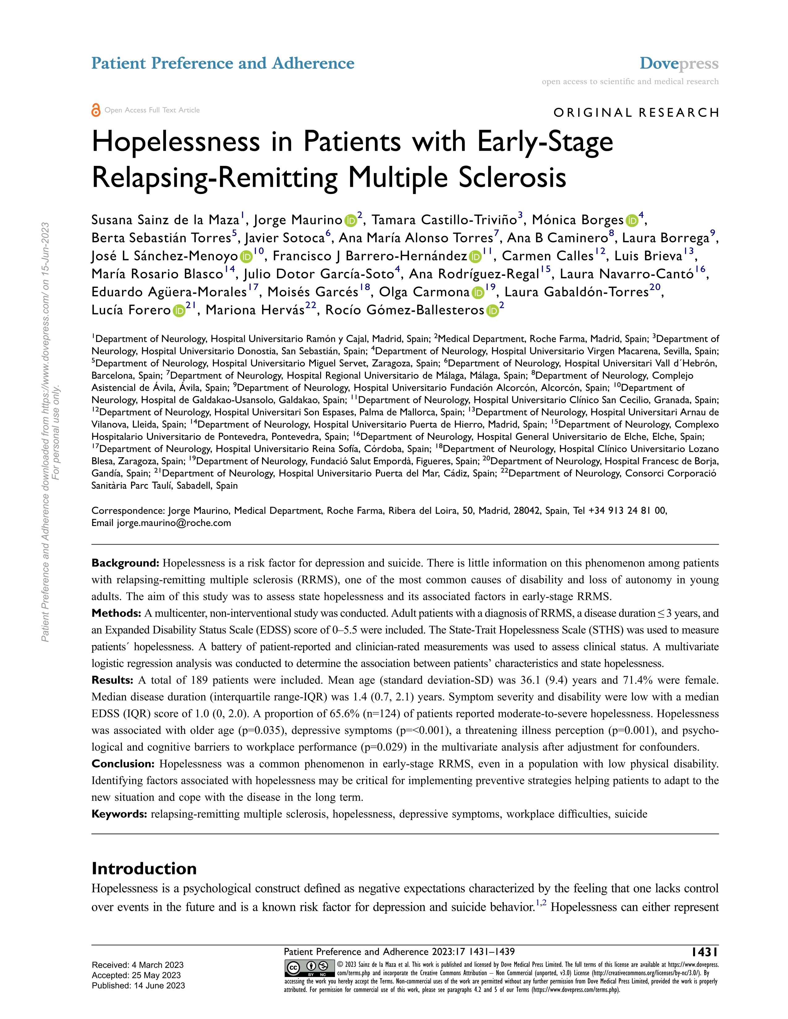 Hopelessness in Patients with Early-Stage Relapsing-Remitting Multiple Sclerosis