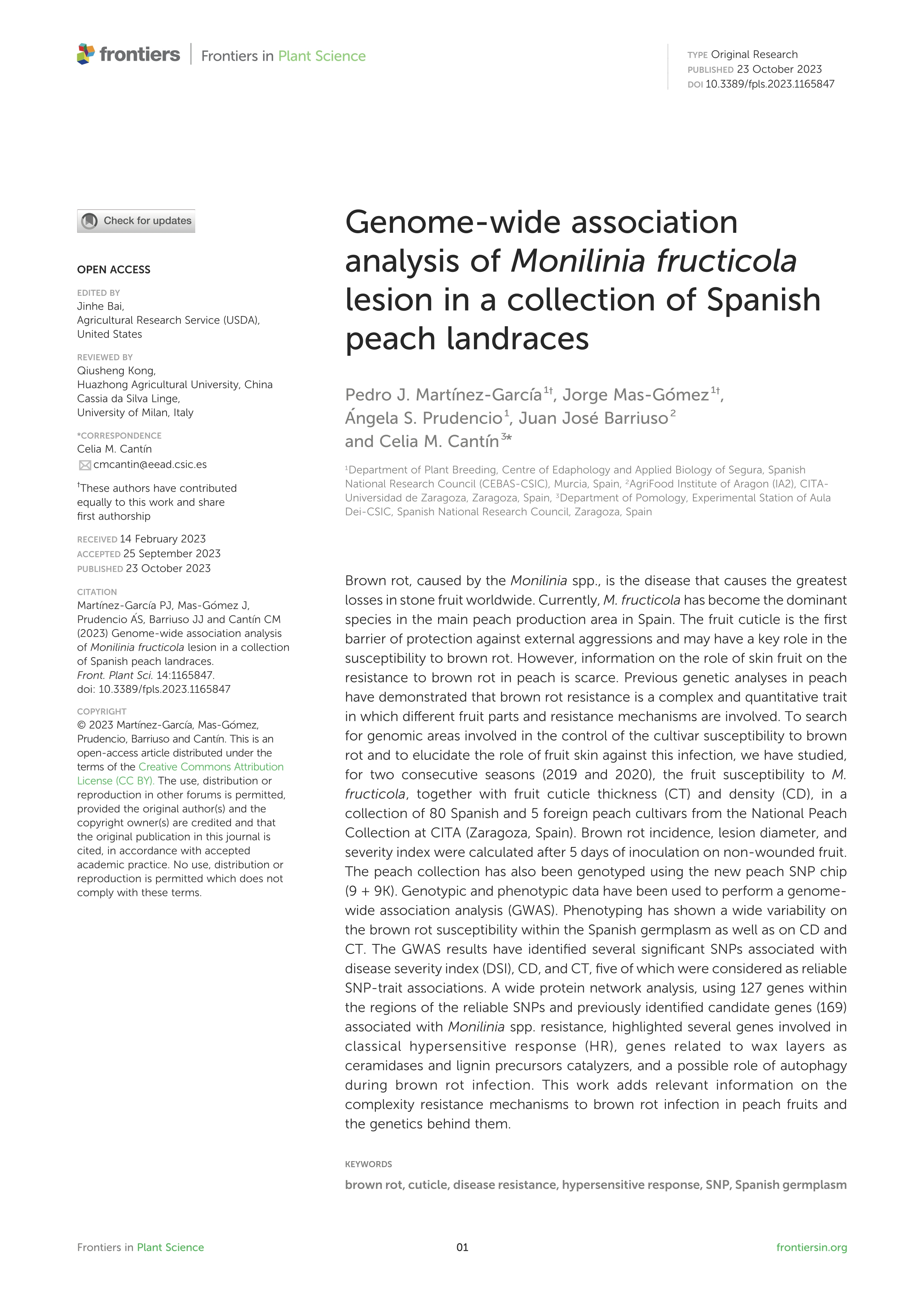 Genome-wide association analysis of Monilinia fructicola lesion in a collection of Spanish peach landraces