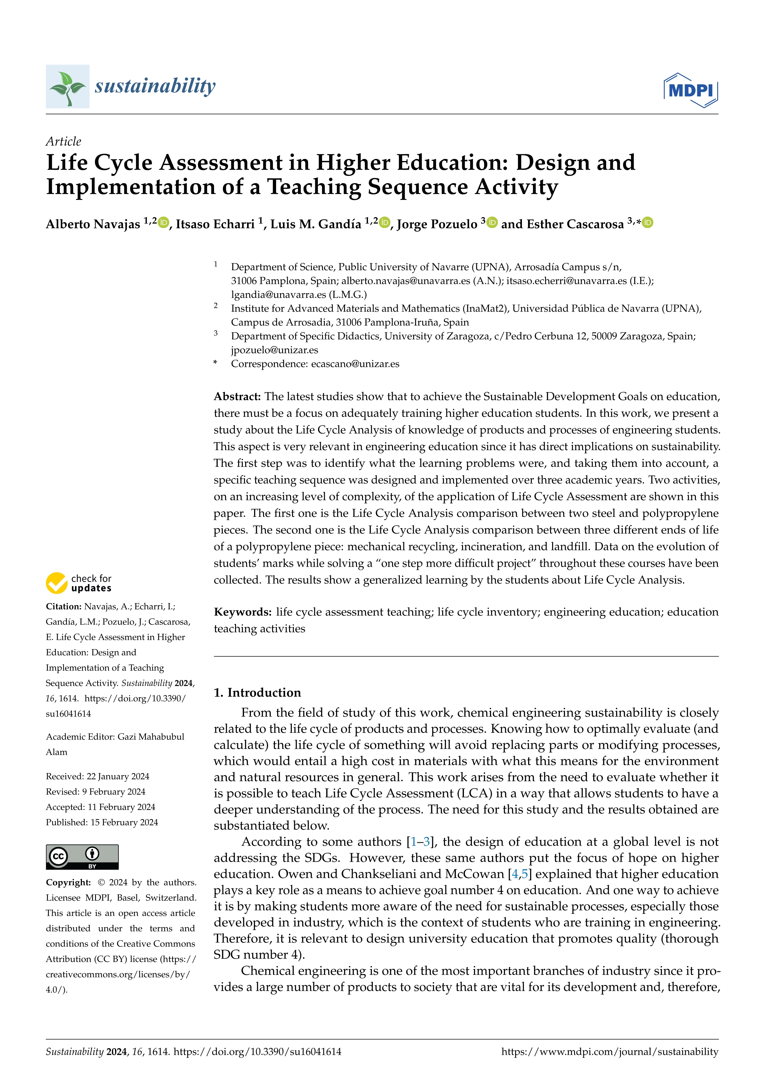 Life Cycle Assessment in Higher Education: Design and Implementation of a Teaching Sequence Activity