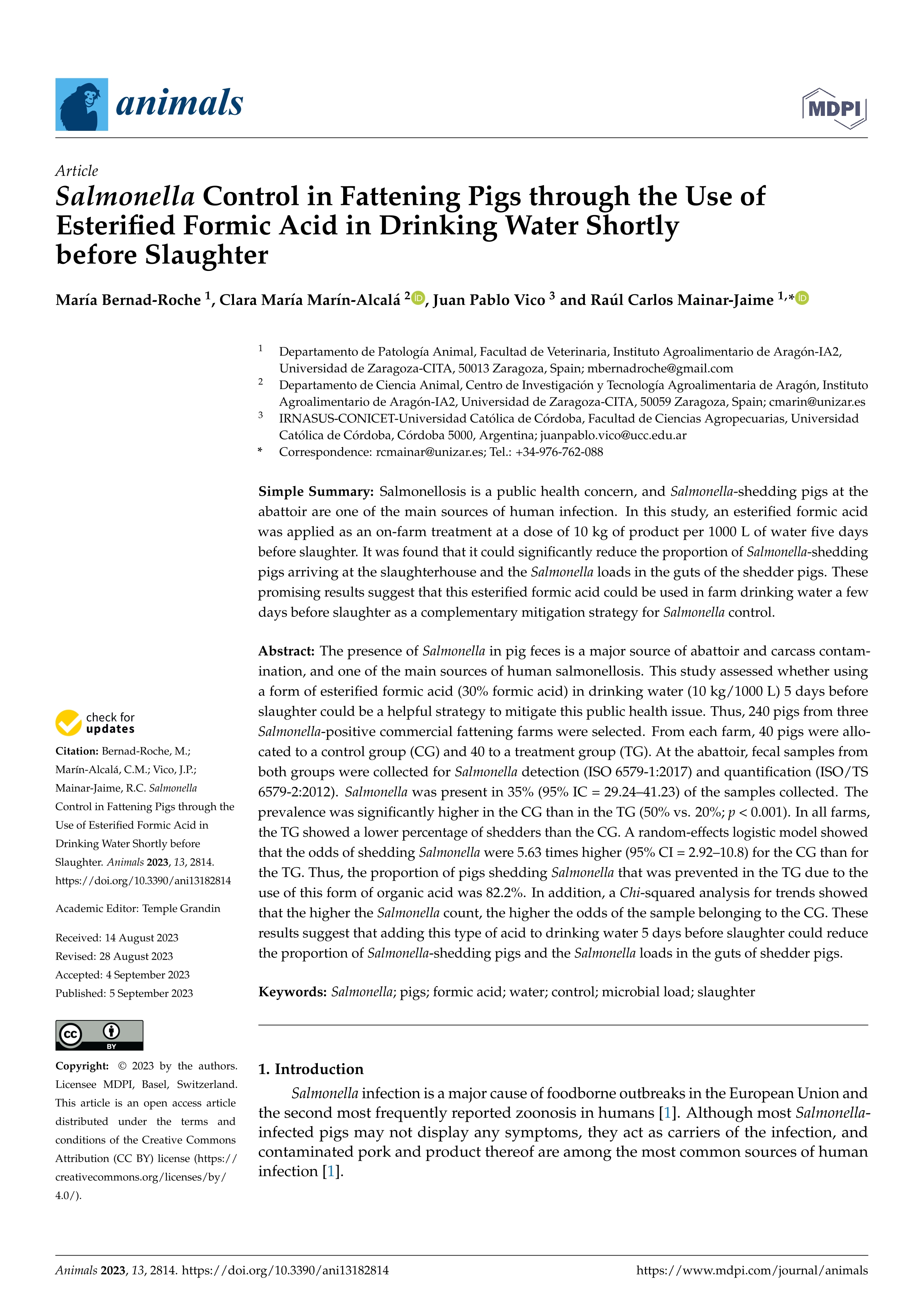 Salmonella control in fattening pigs through the use of esterified formic acid in drinking water shortly before slaughter