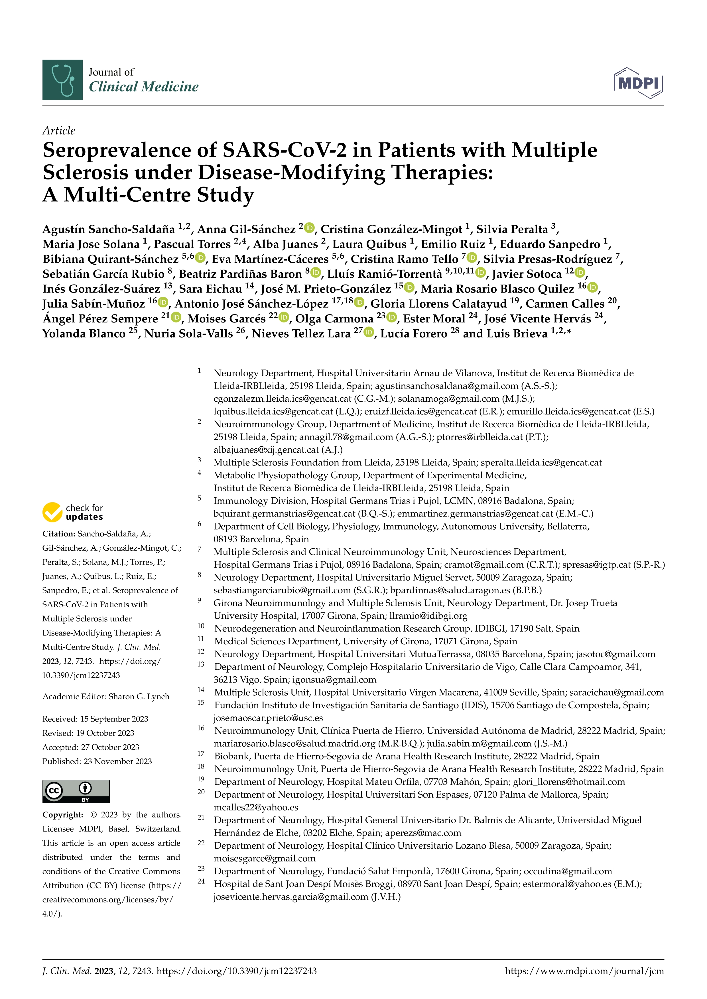 Seroprevalence of SARS-CoV-2 in Patients with Multiple Sclerosis under Disease-Modifying Therapies: A Multi-Centre Study