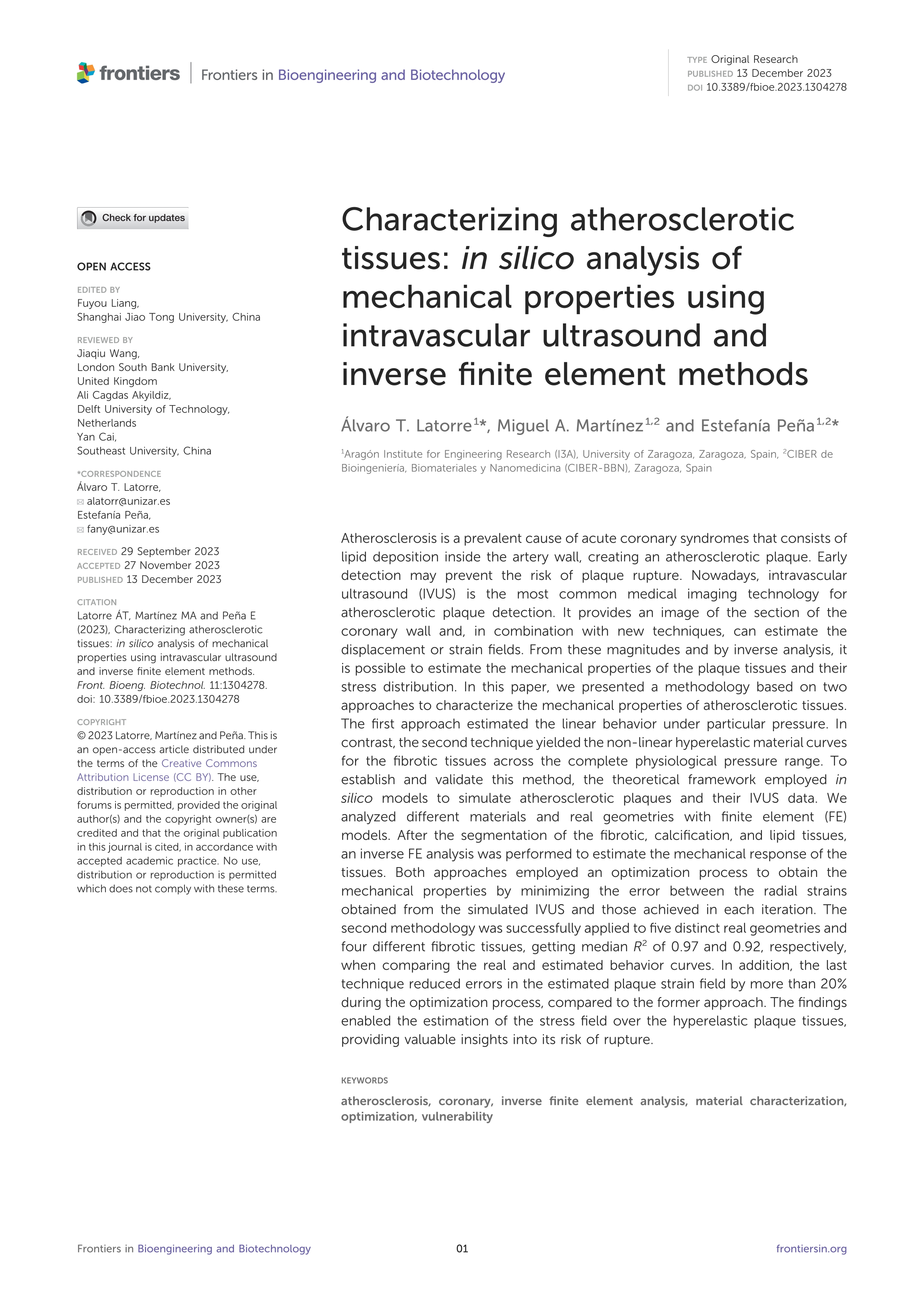 Characterizing atherosclerotic tissues: in silico analysis of mechanical properties using intravascular ultrasound and inverse finite element methods