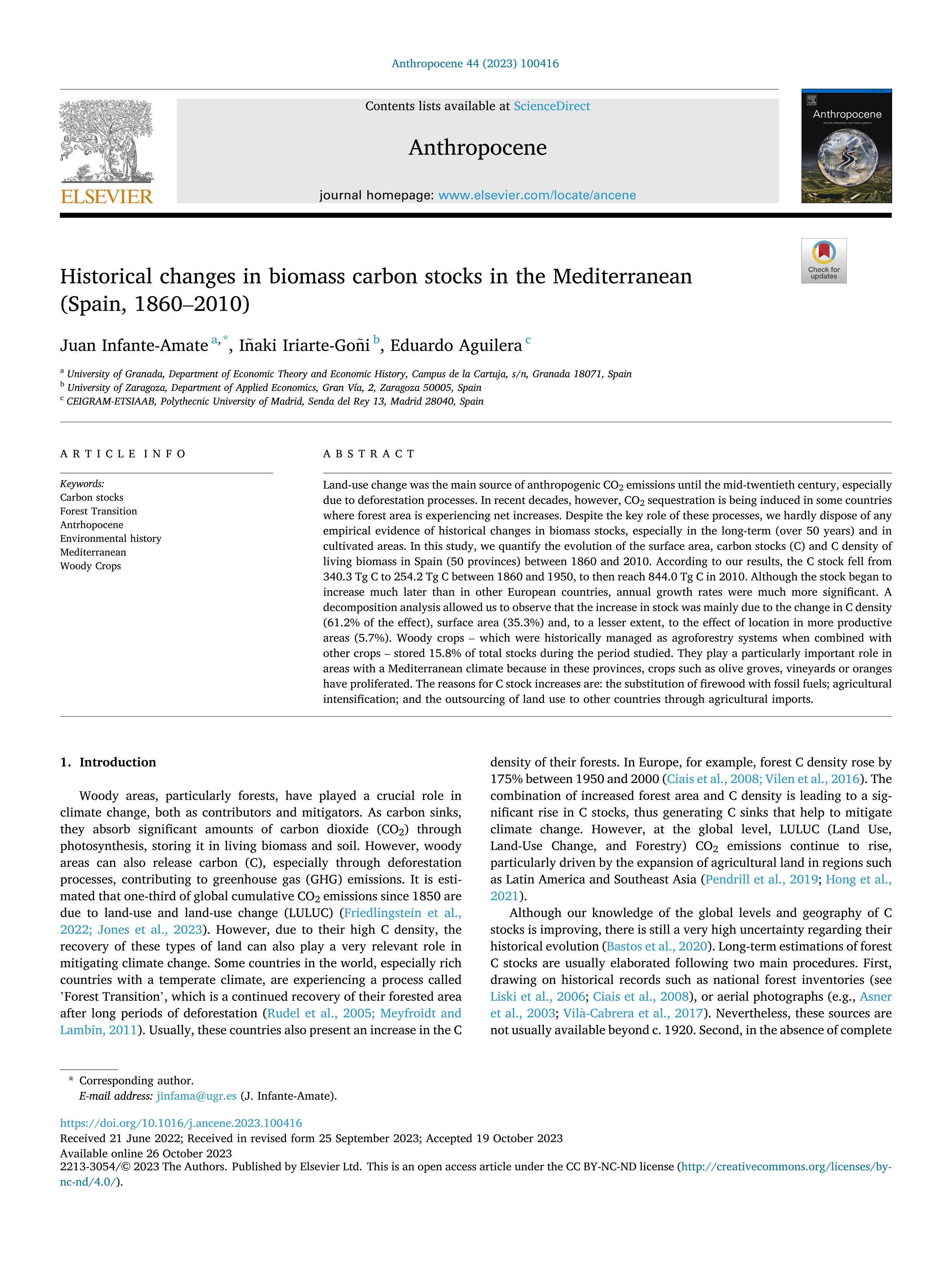 Historical changes in biomass carbon stocks in the Mediterranean (Spain, 1860–2010)