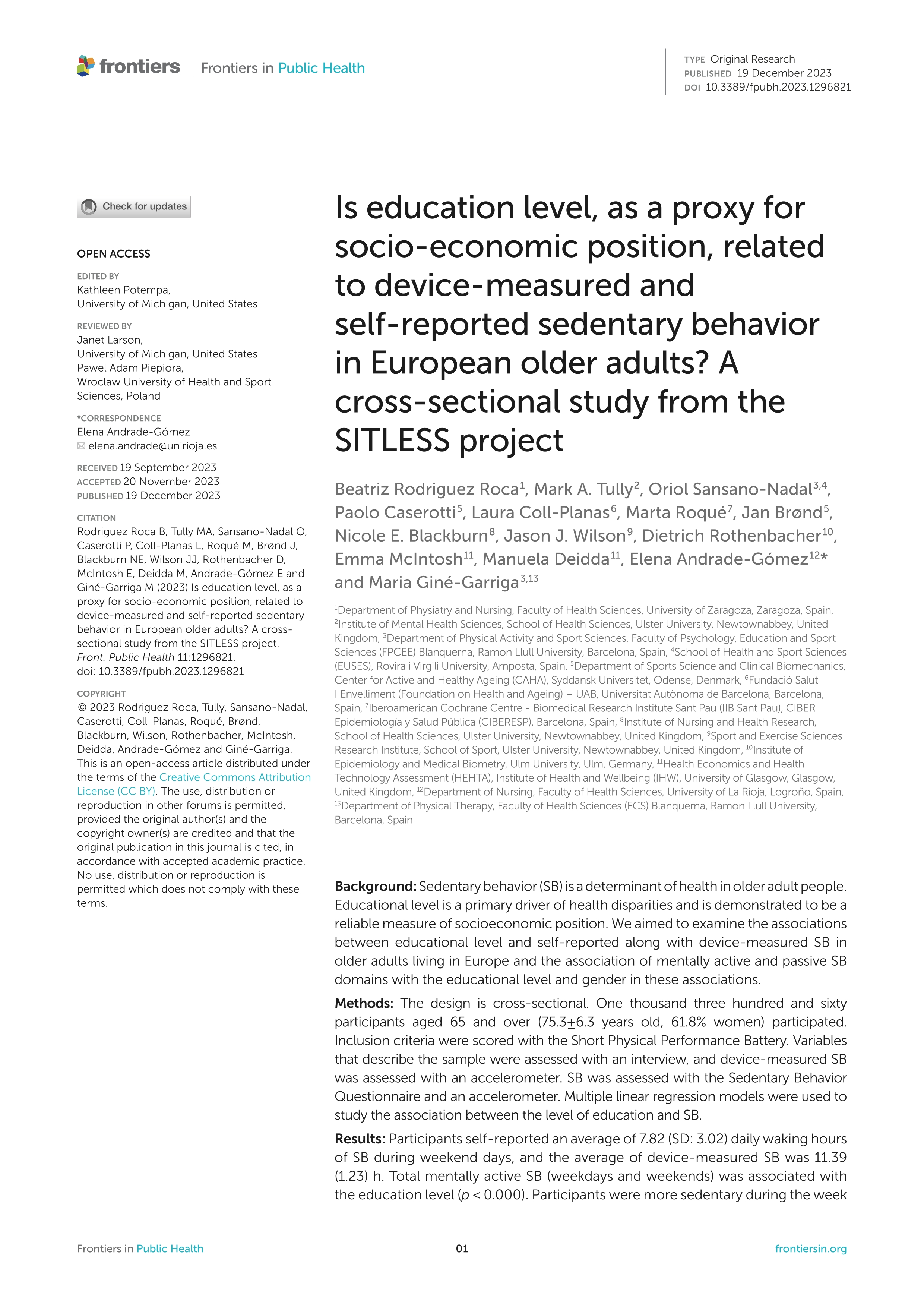 Is education level, as a proxy for socio-economic position, related to device-measured and self-reported sedentary behavior in European older adults? A cross-sectional study from the SITLESS project