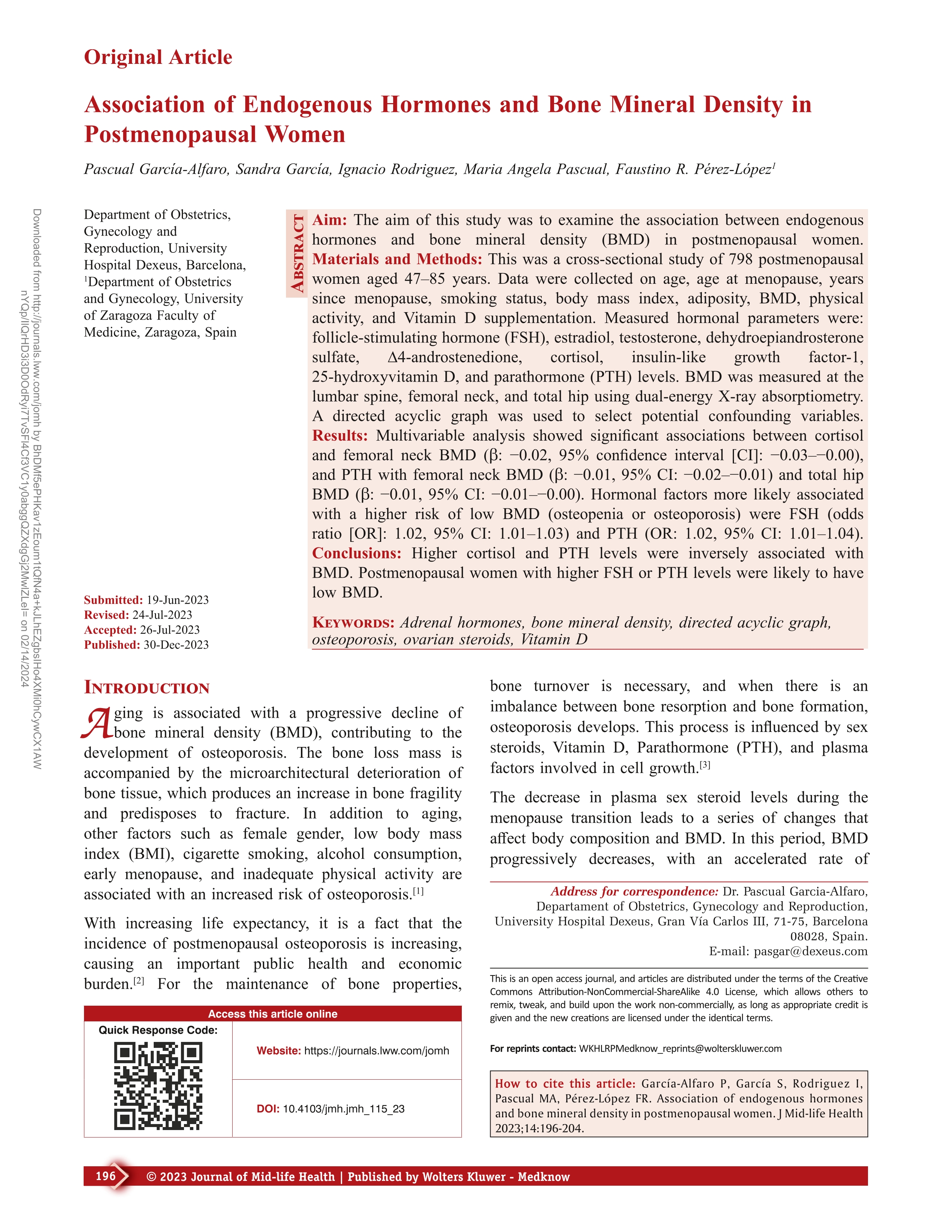 Association of Endogenous Hormones and Bone Mineral Density in Postmenopausal Women