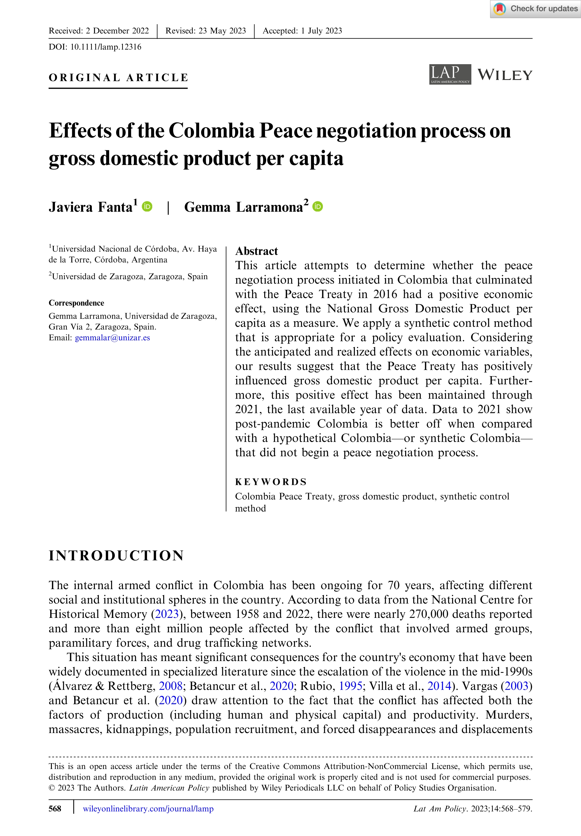 Effects of the Colombia Peace negotiation process on gross domestic product per capita