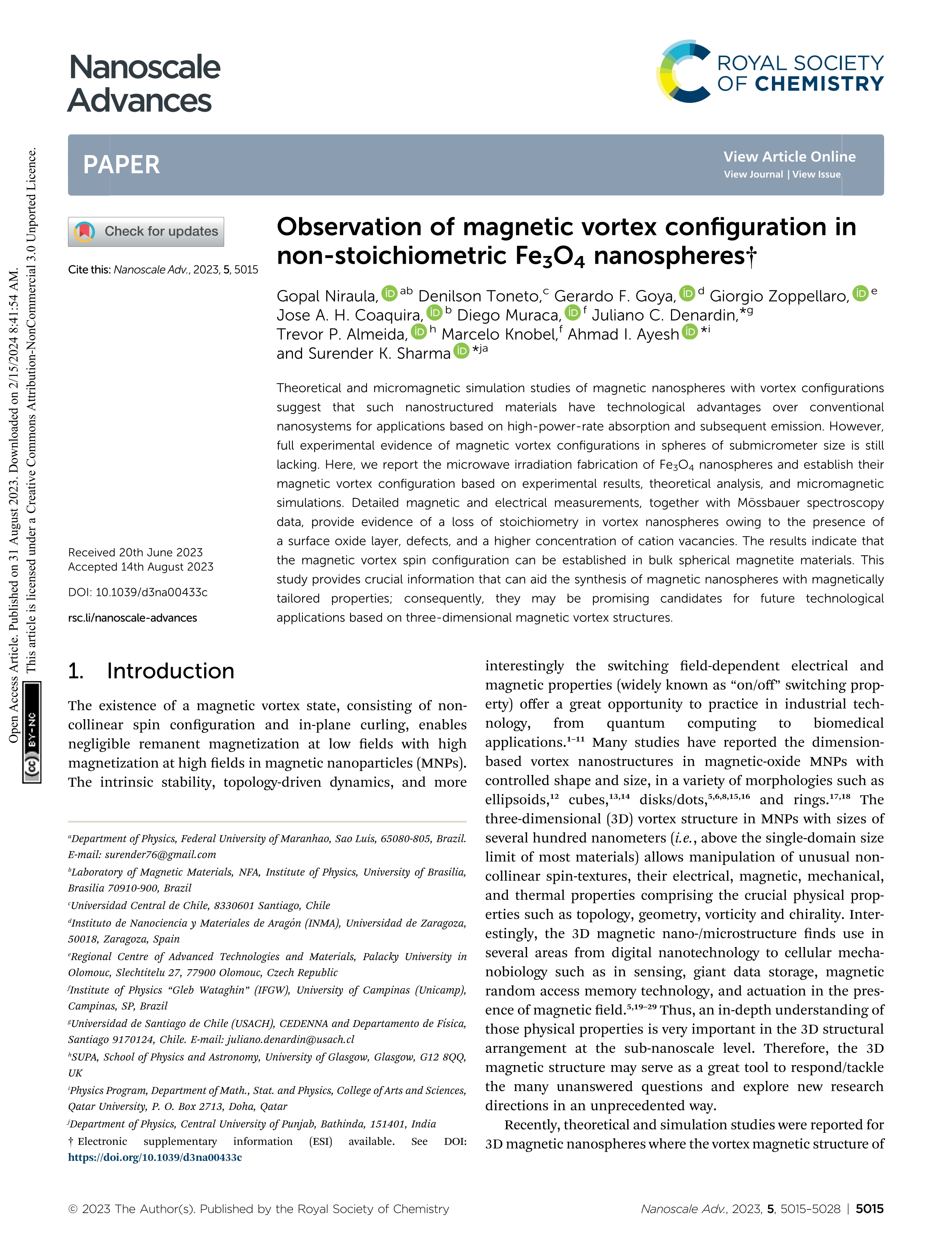 Observation of magnetic vortex configuration in non-stoichiometric Fe3O4 nanospheres