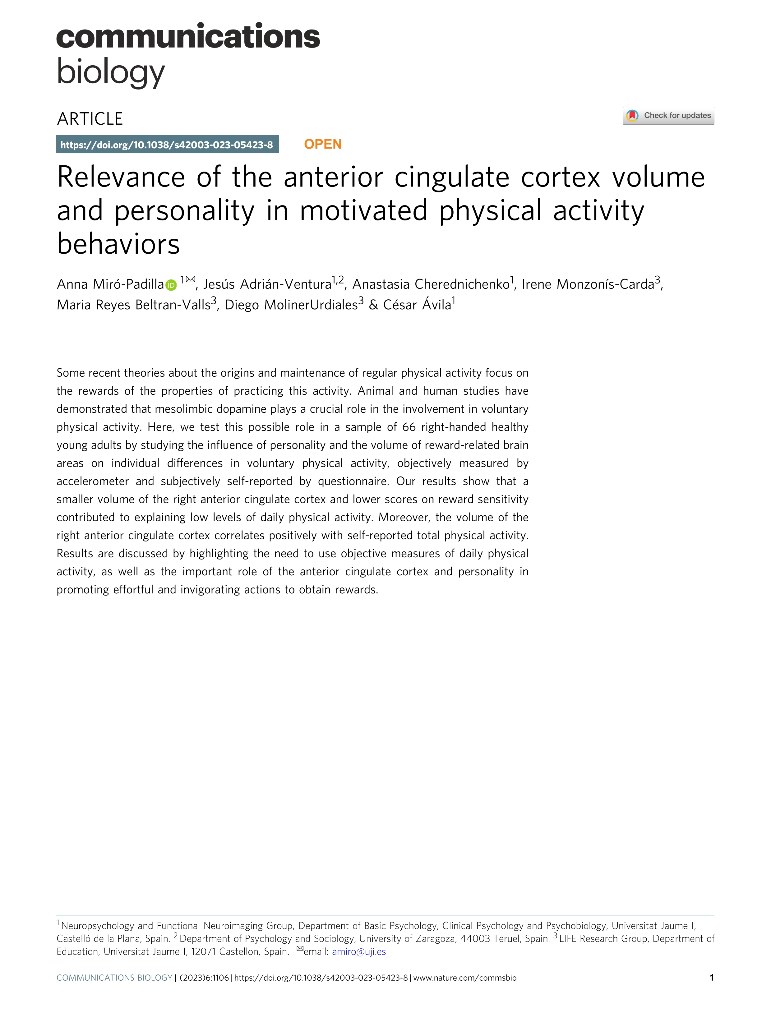 Relevance of the anterior cingulate cortex volume and personality in motivated physical activity behaviors