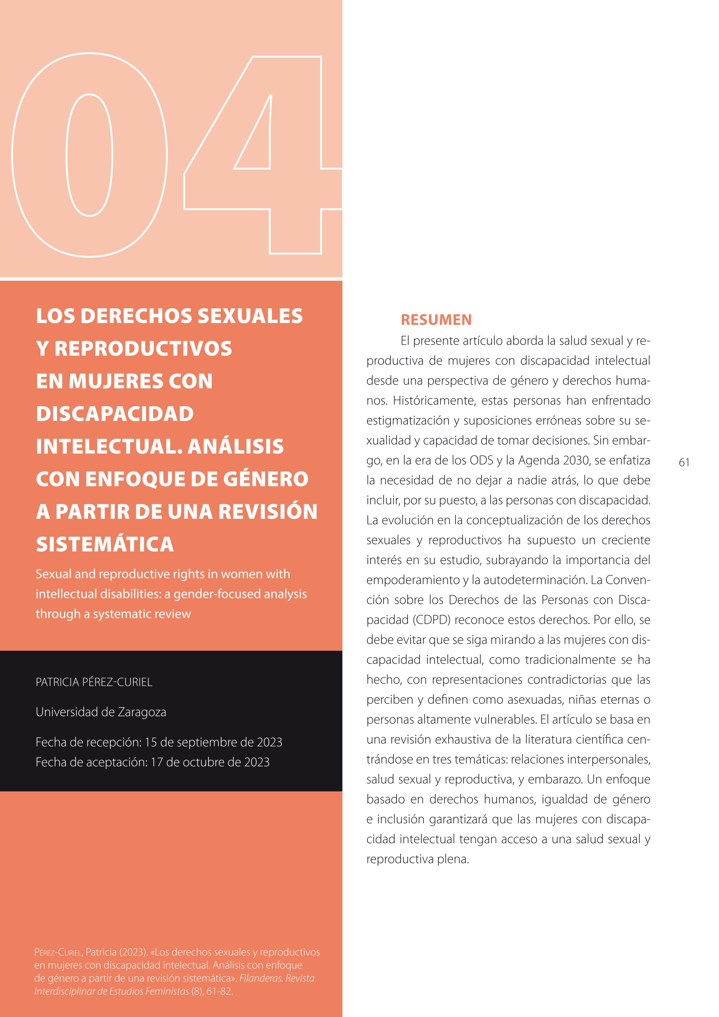 Los derechos sexuales y reproductivos en mujeres con discapacidad intelectual. Análisis con enfoque de género a partir de una revisión sistemática