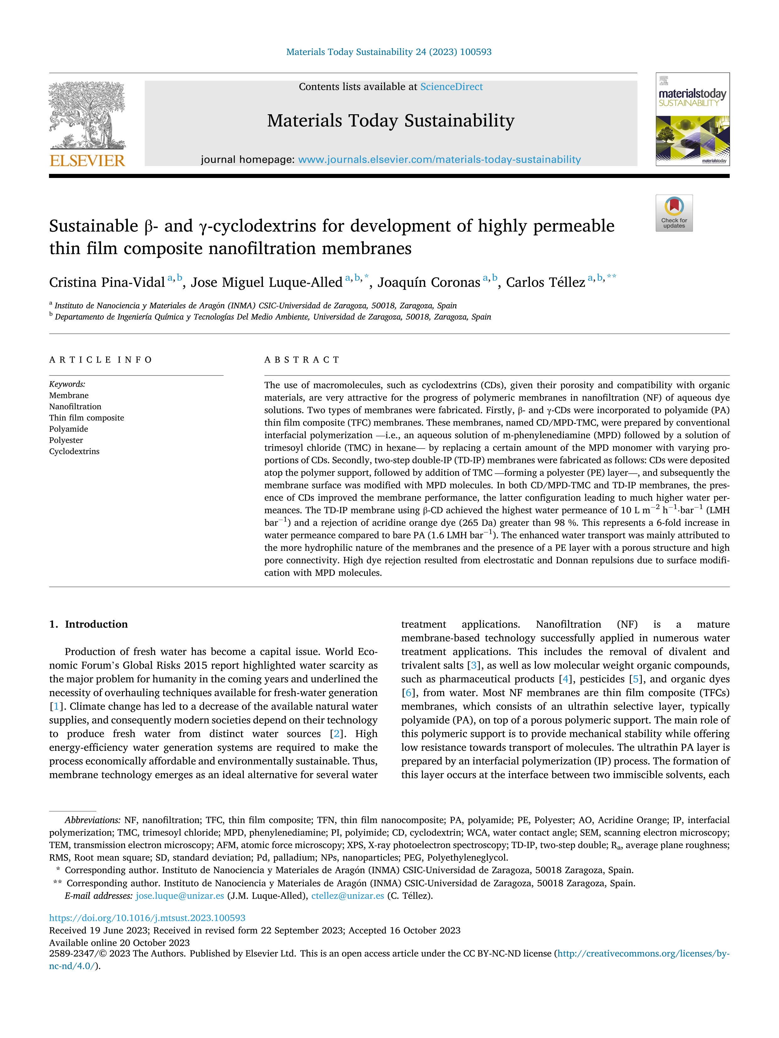 Sustainable ß- and ¿-cyclodextrins for development of highly permeable thin film composite nanofiltration membranes