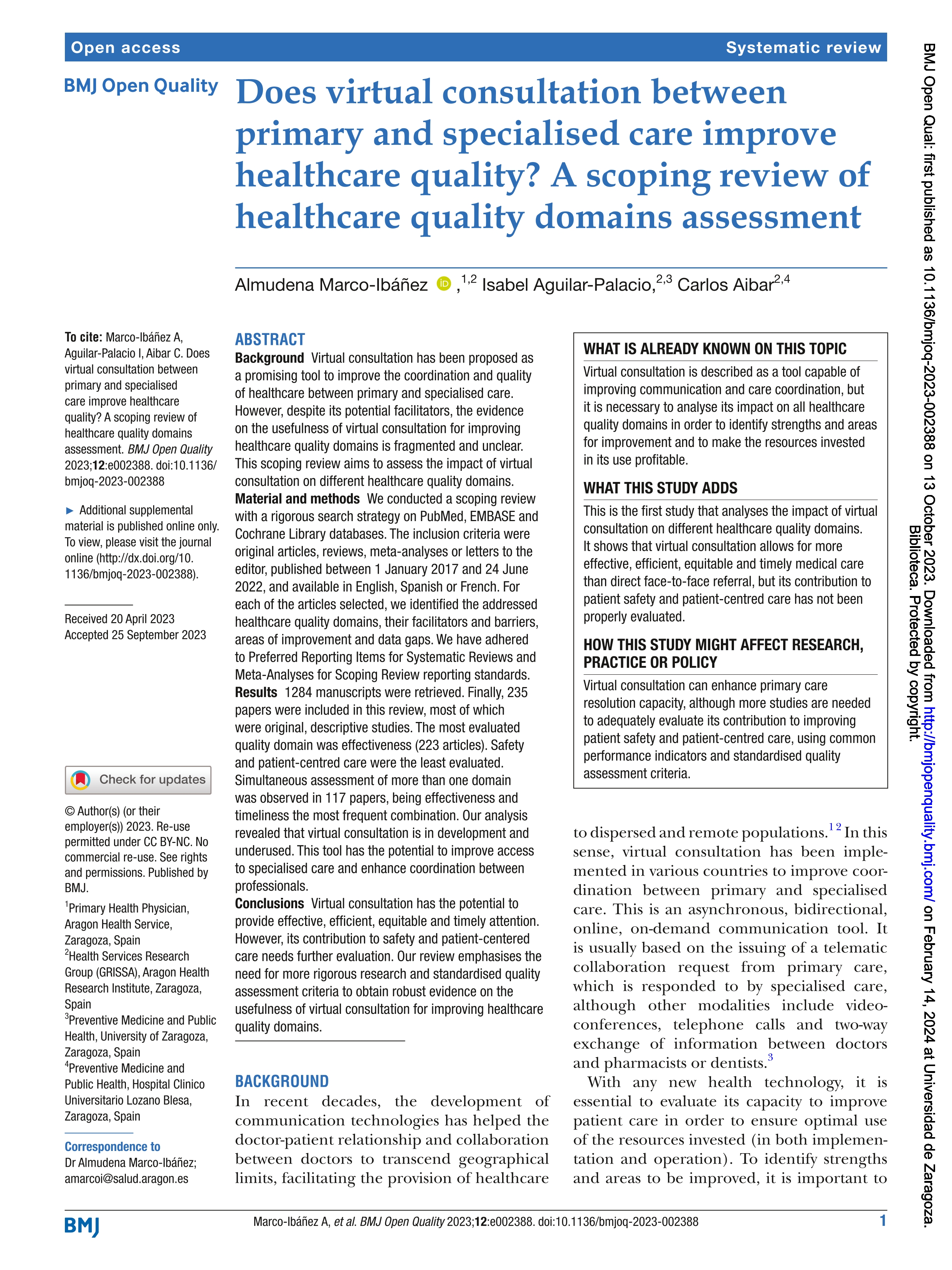 Does virtual consultation between primary and specialised care improve healthcare quality? A scoping review of healthcare quality domains assessment